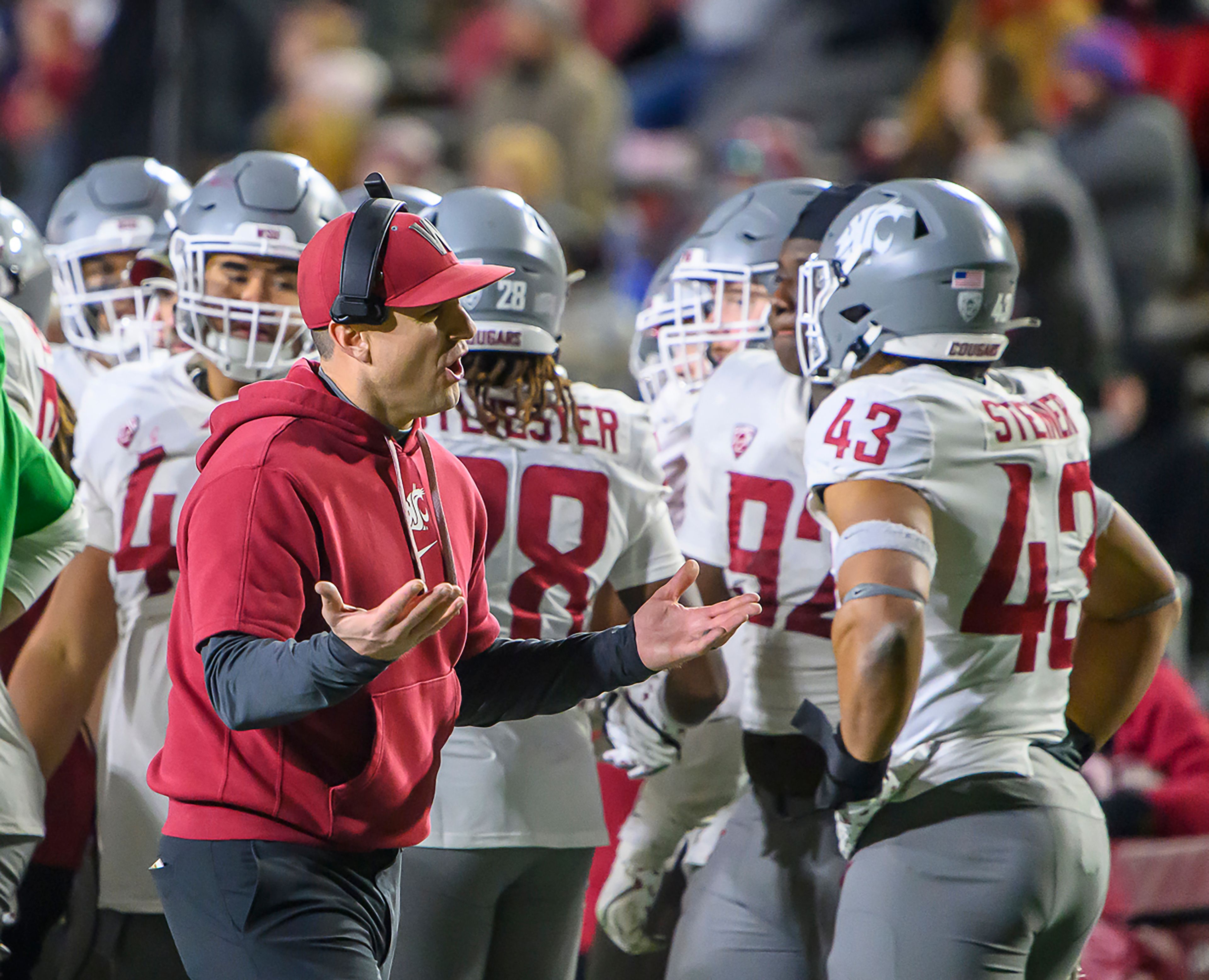 Washington State's head coach Jake Dickert reacts after a call against his team during a game against New Mexico on Saturday, Nov. 16, 2024 in Albuquerque, N.M.