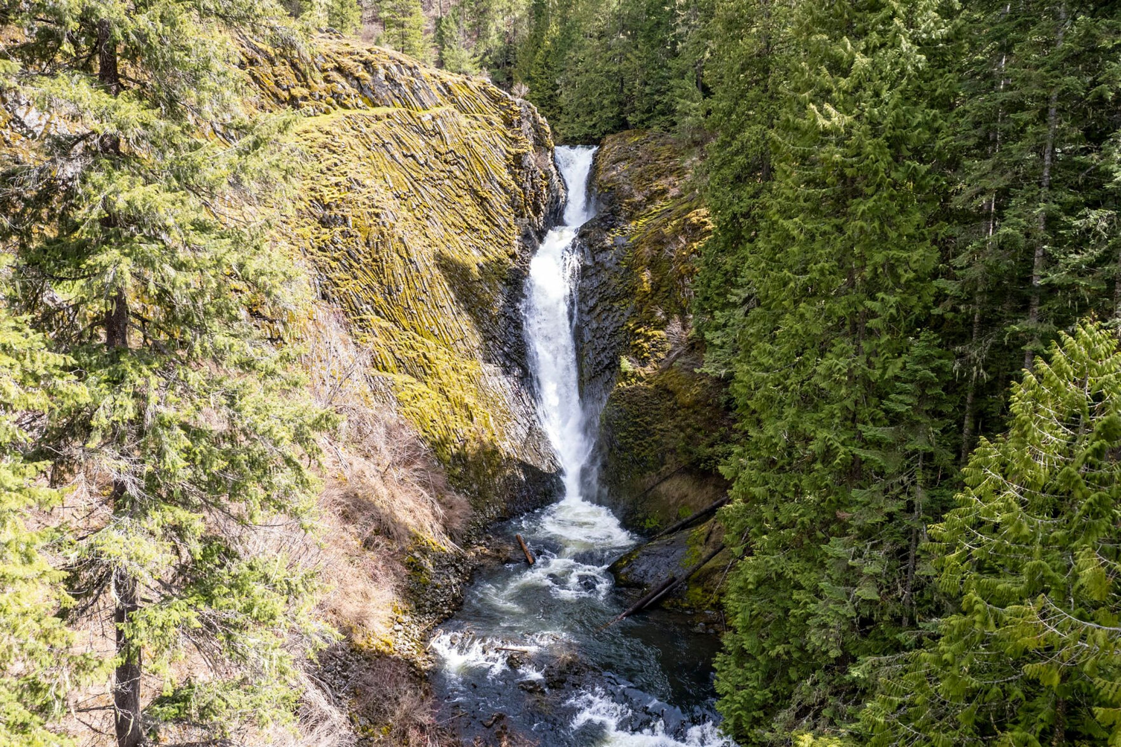 This image captured with a drone shows the middle waterfall of Elk Creek Falls earlier this spring. The natural attraction is comprised of three separate waterfalls totaling more than 140 feet. It’s 50 miles east of Moscow near the town of Elk River.