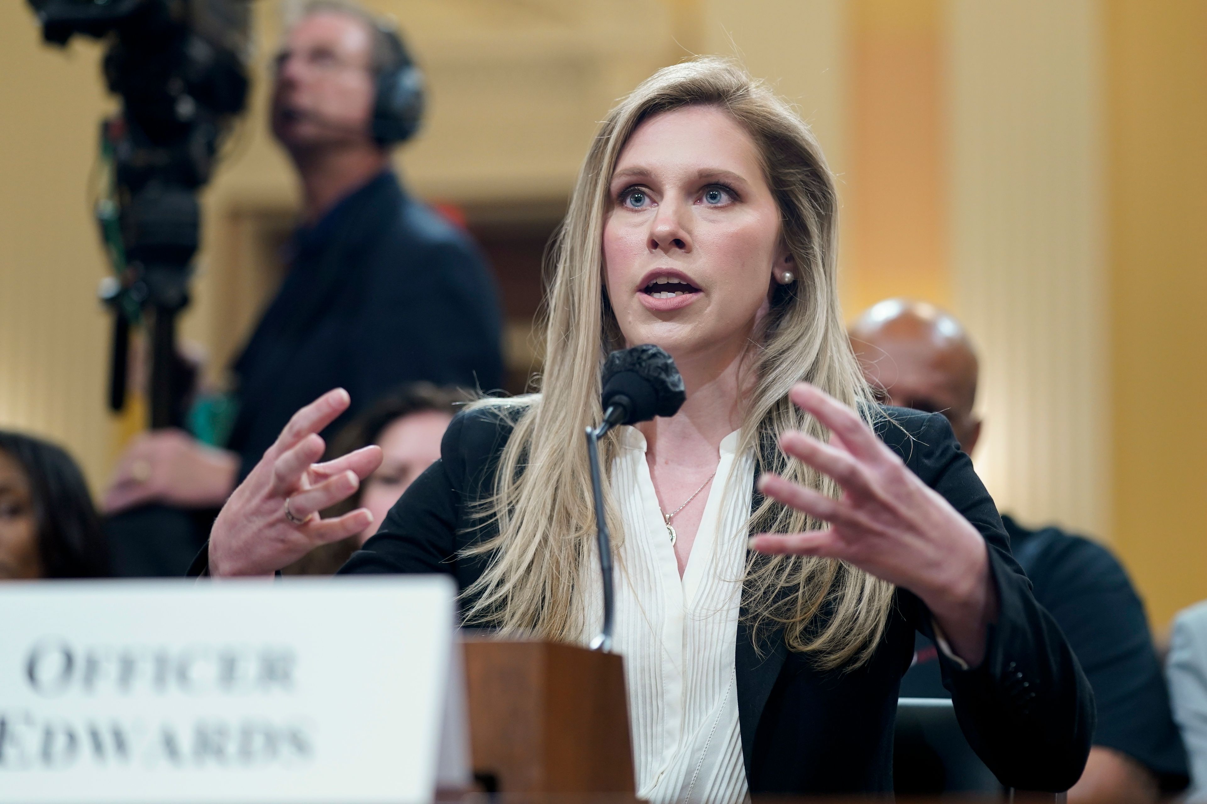 U.S. Capitol Police officer Caroline Edwards testifies as the House select committee investigating the Jan. 6 attack on the U.S. Capitol holds its first public hearing to reveal the findings of a year-long investigation, on Capitol Hill in Washington, Thursday, June 9, 2022. (AP Photo/Andrew Harnik)