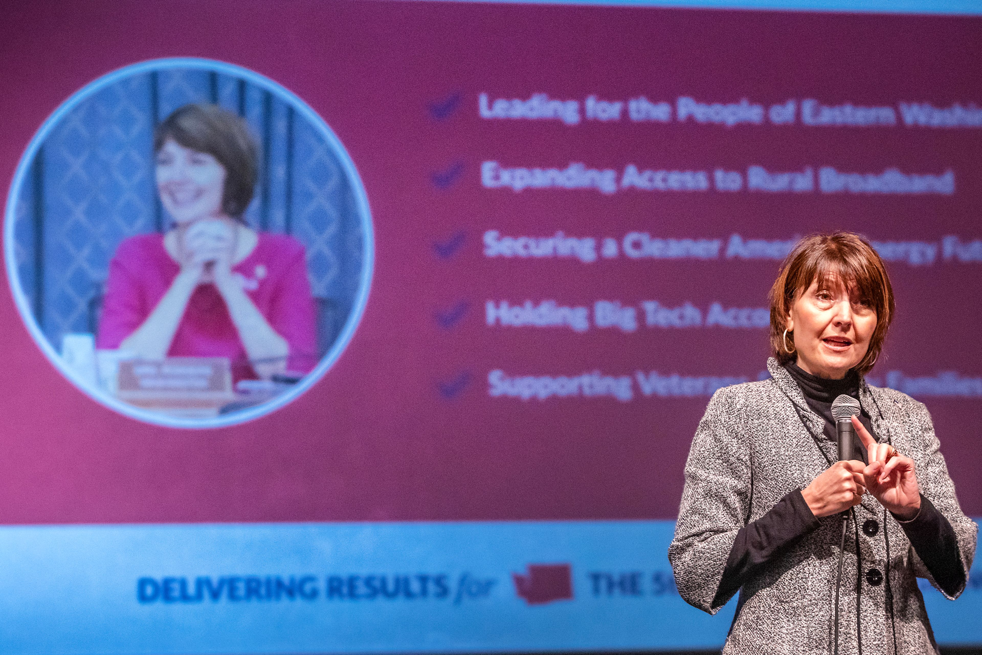 Cathy McMorris Rodgers speaks at Clarkston High School during her “Conversation with Cathy” Town Hall event Monday in Clarkston.