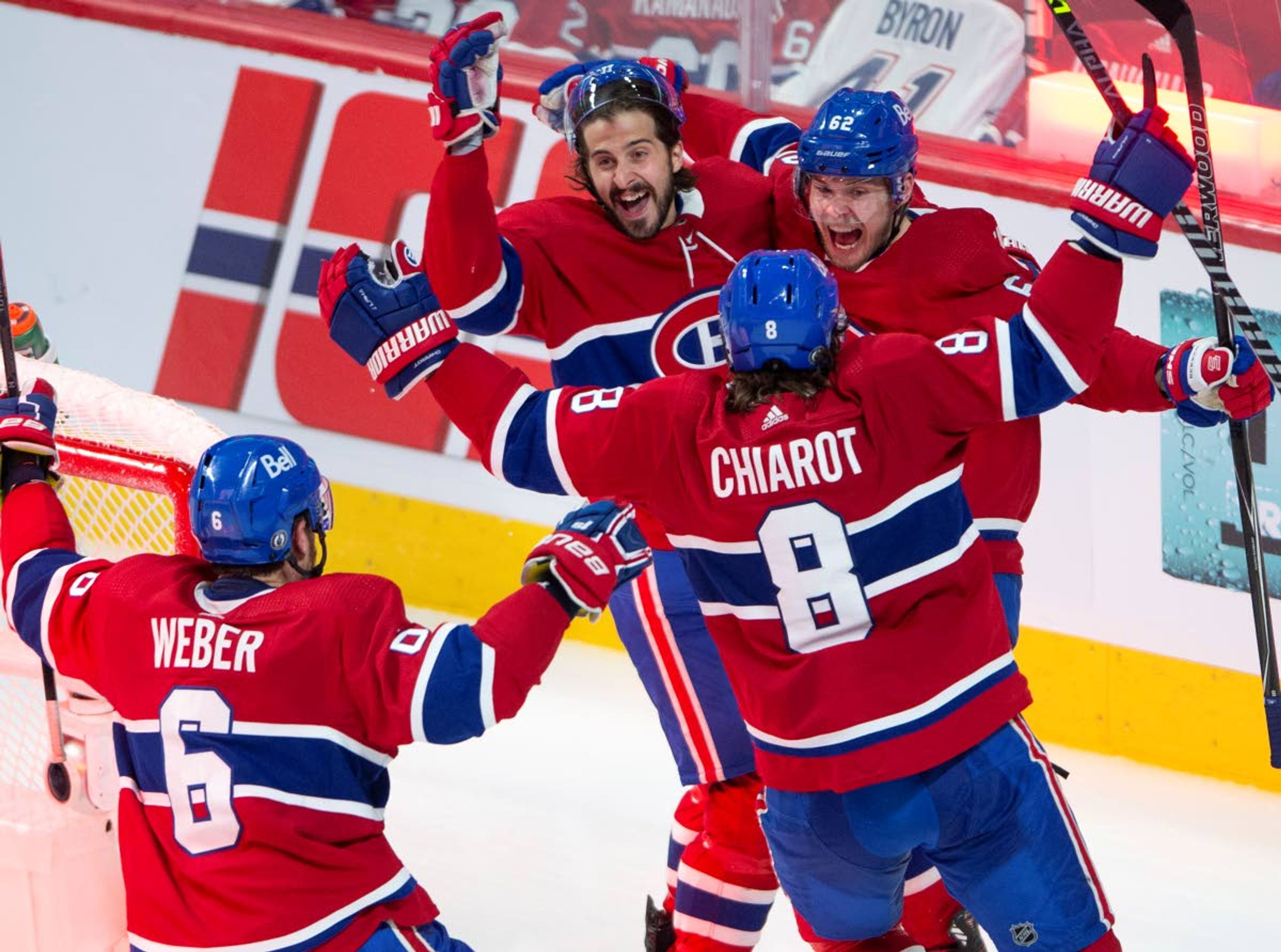 Associated PressThe Canadiens left wing Artturi Lehkonen, far right, celebrates with teammates after scoring the winning goal against the Golden Knights during overtime in Game 6 of an NHL Stanley Cup semifinal playoff series Thursday in Montreal.