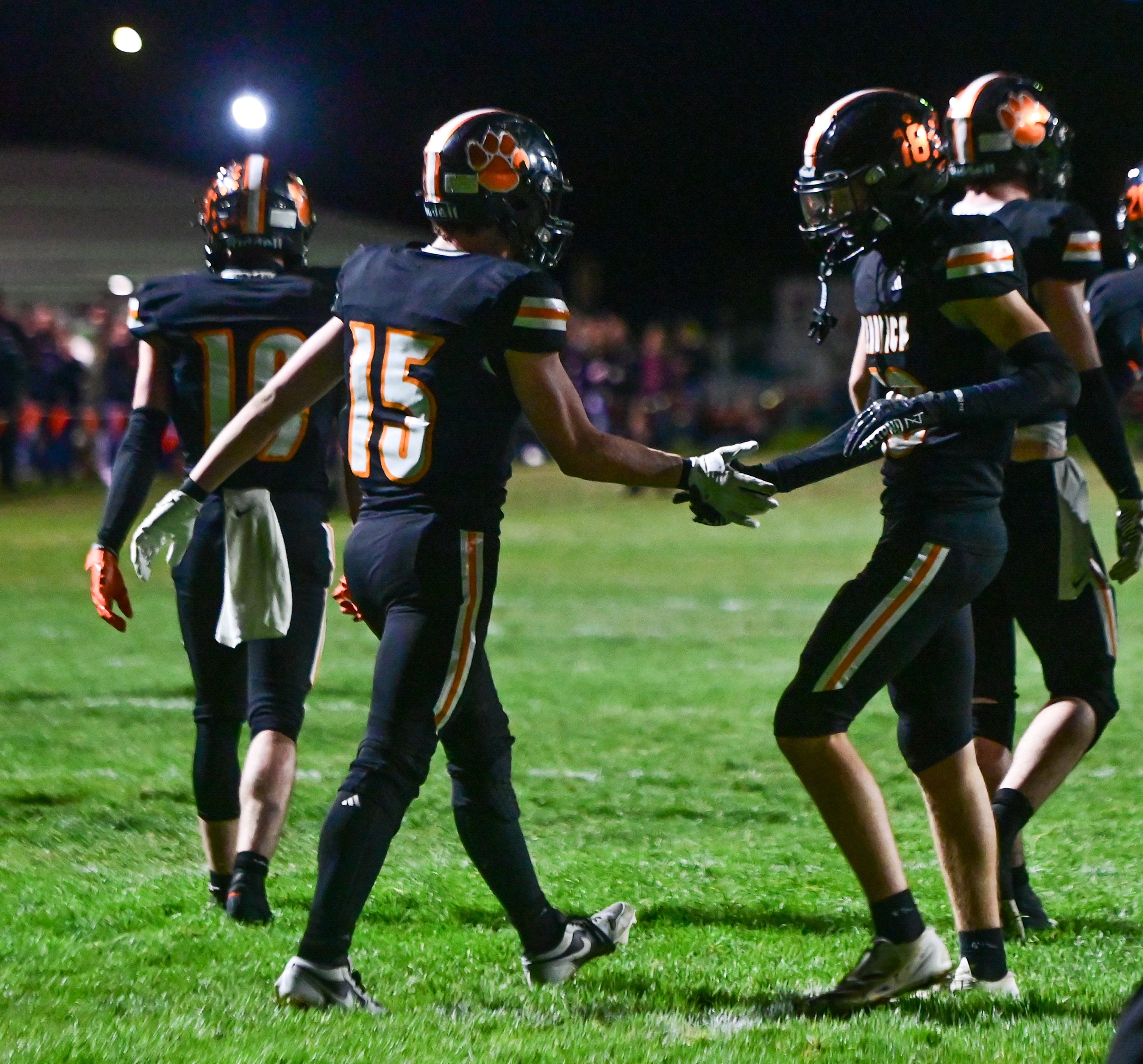 Kendrick�s Xavier Carpenter and Cade Silflow celebrate Carpenter�s touchdown against Logos Friday in Kendrick.,