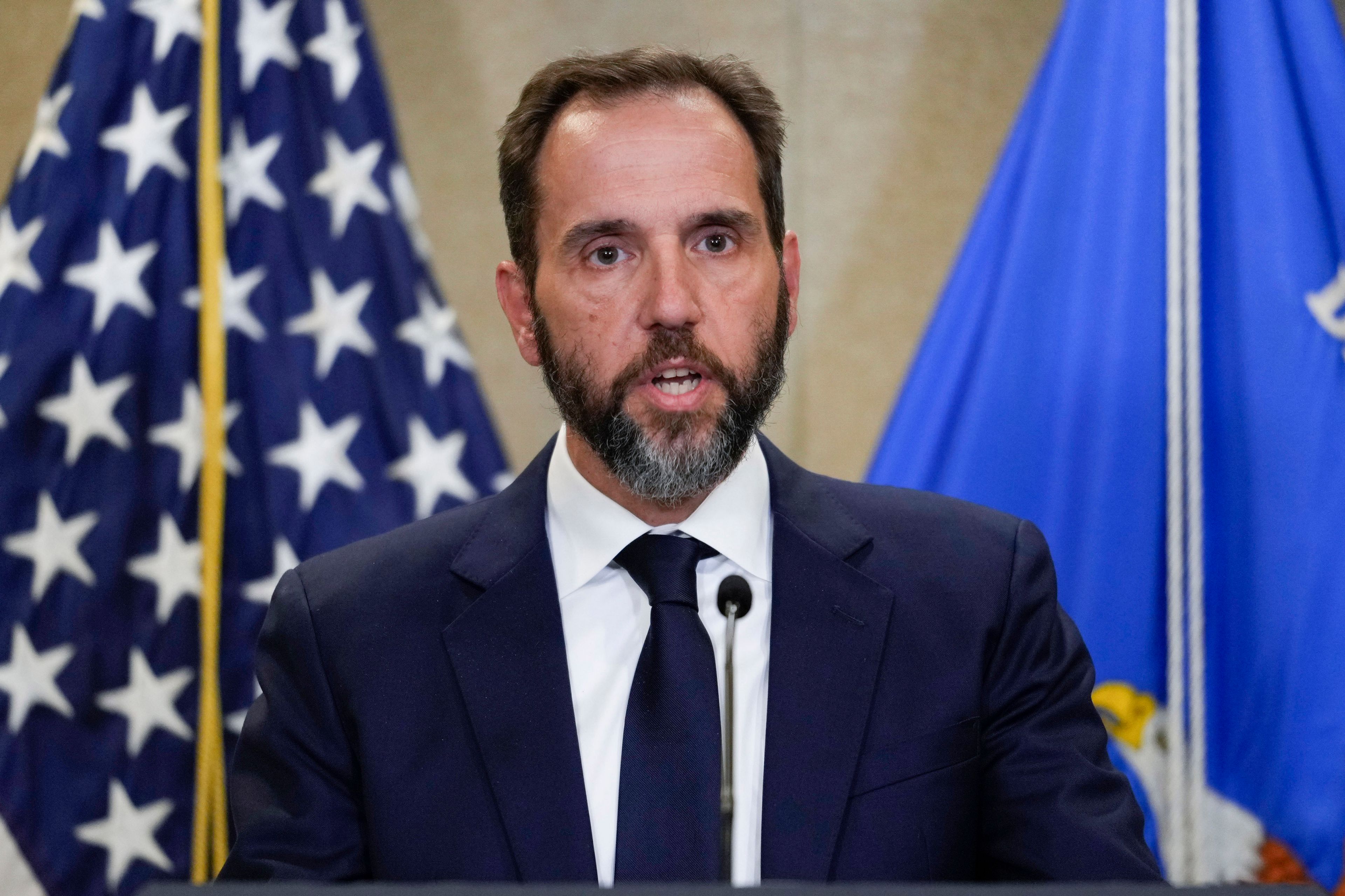 Special counsel Jack Smith speaks to the media about an indictment of former President Donald Trump, Tuesday, Aug. 1, 2023, at an office of the Department of Justice in Washington. (AP Photo/J. Scott Applewhite)