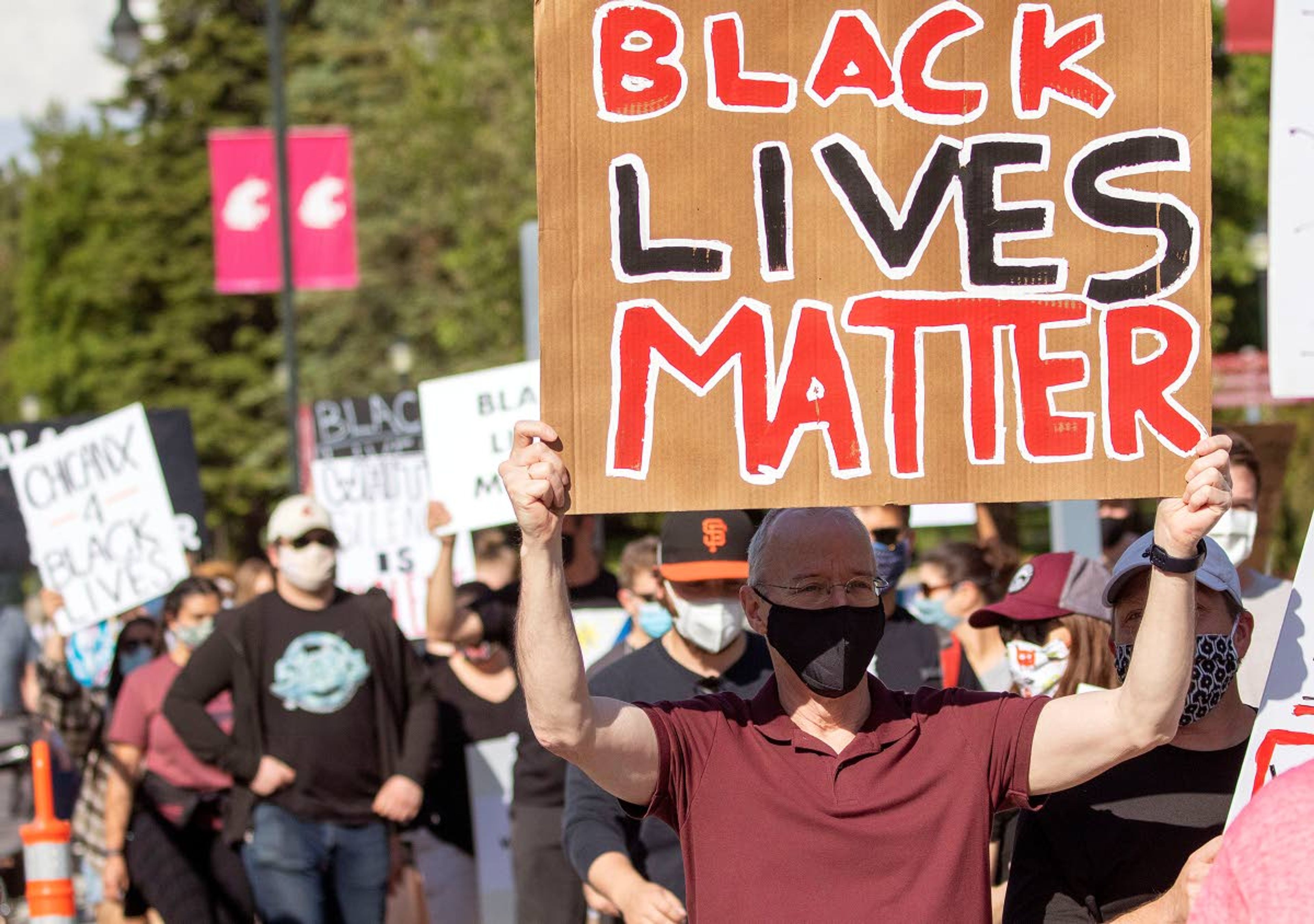 Black Lives Matter protesters march along Stadium Way June 12 at Washington State University in Pullman.