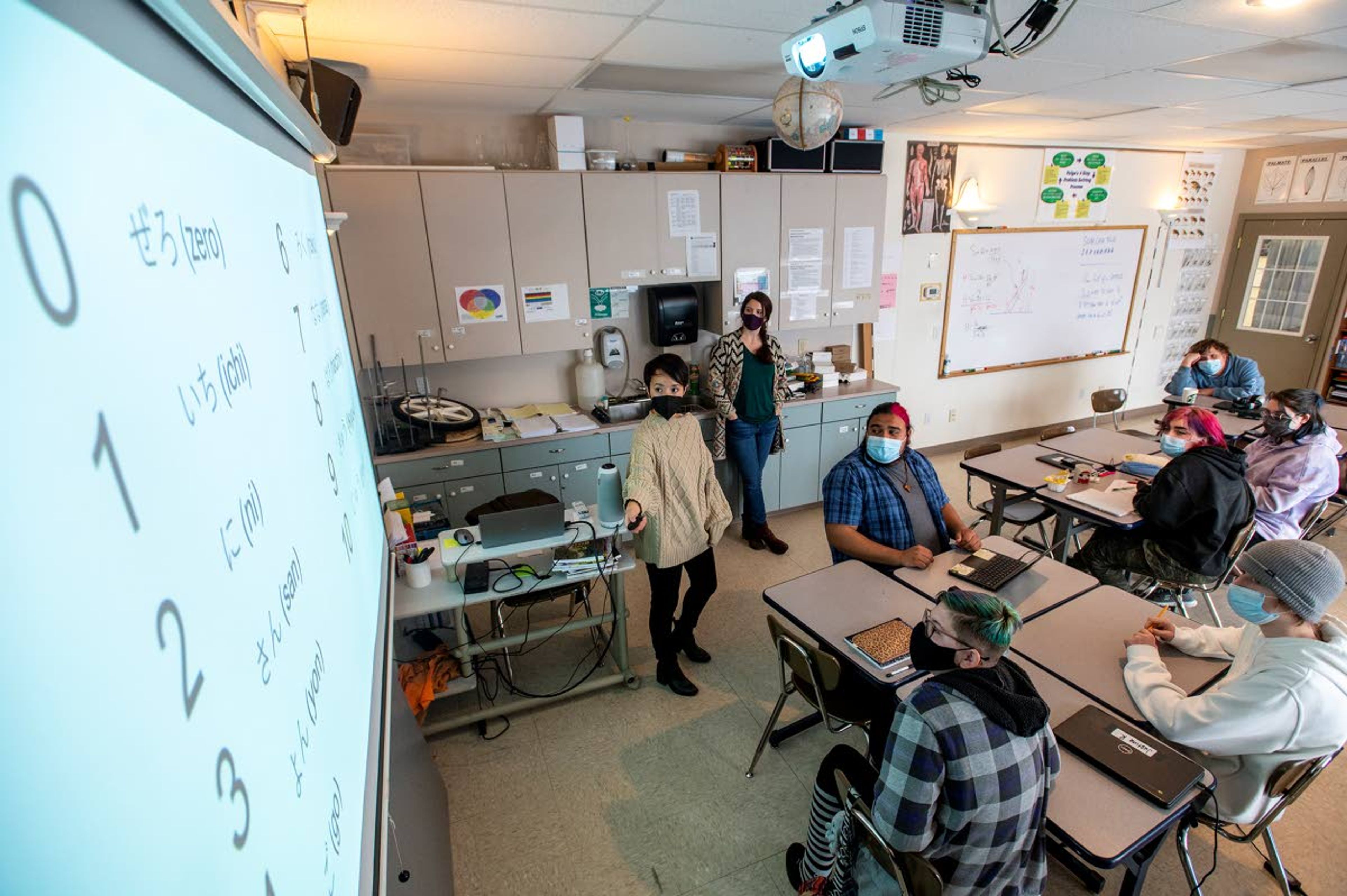 University of Idaho Japanese Instructor Azusa Tojo reviews how to count in Japanese with students Wednesday at Paradise Creek Regional High School in Moscow.