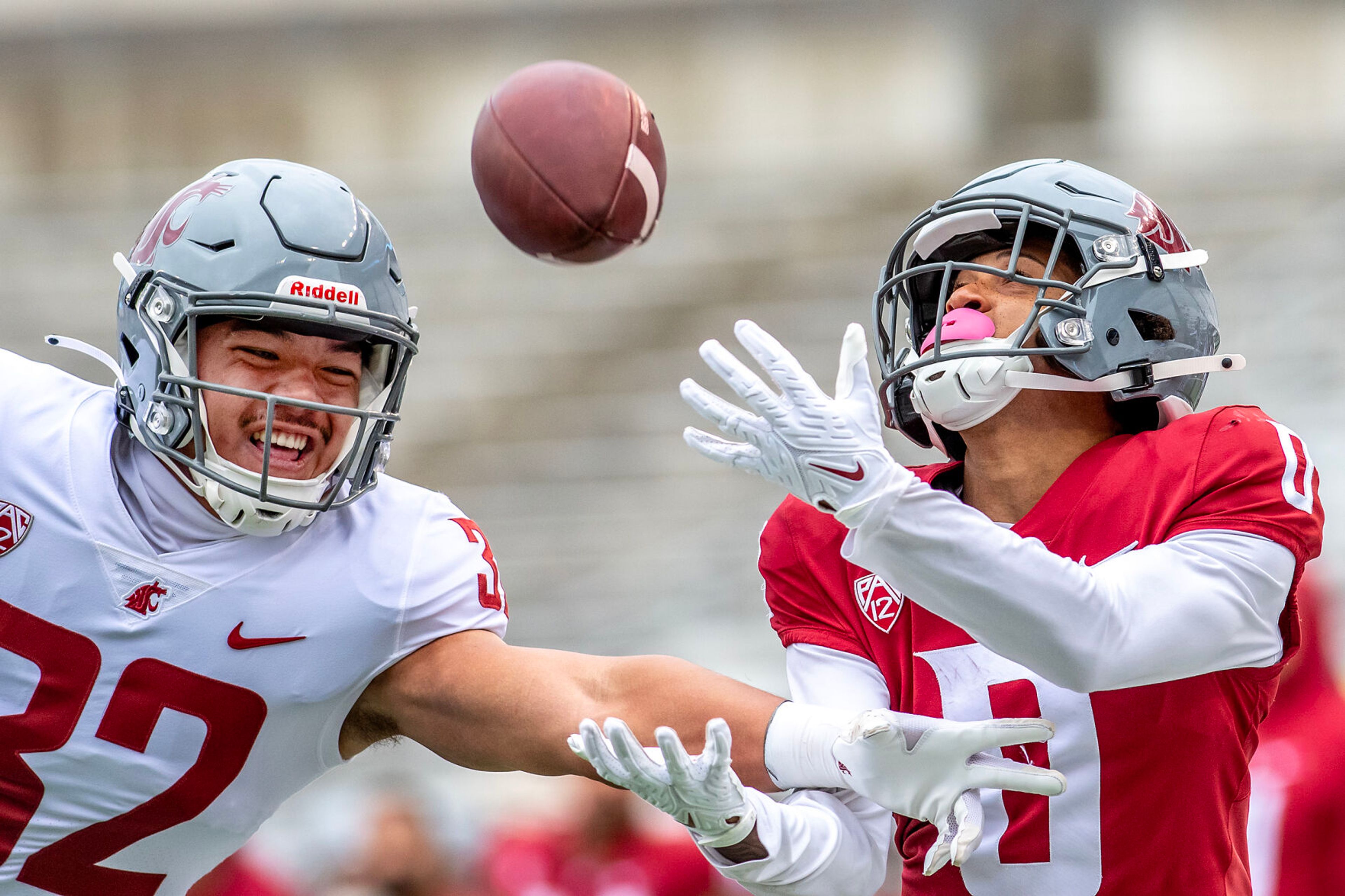 Crimson wide receiver Tony Freeman makes a catch under pressure from Gray defensive back Tanner Moku in a quarter of the Crimson and Gray Game at Washington State University in Pullman.