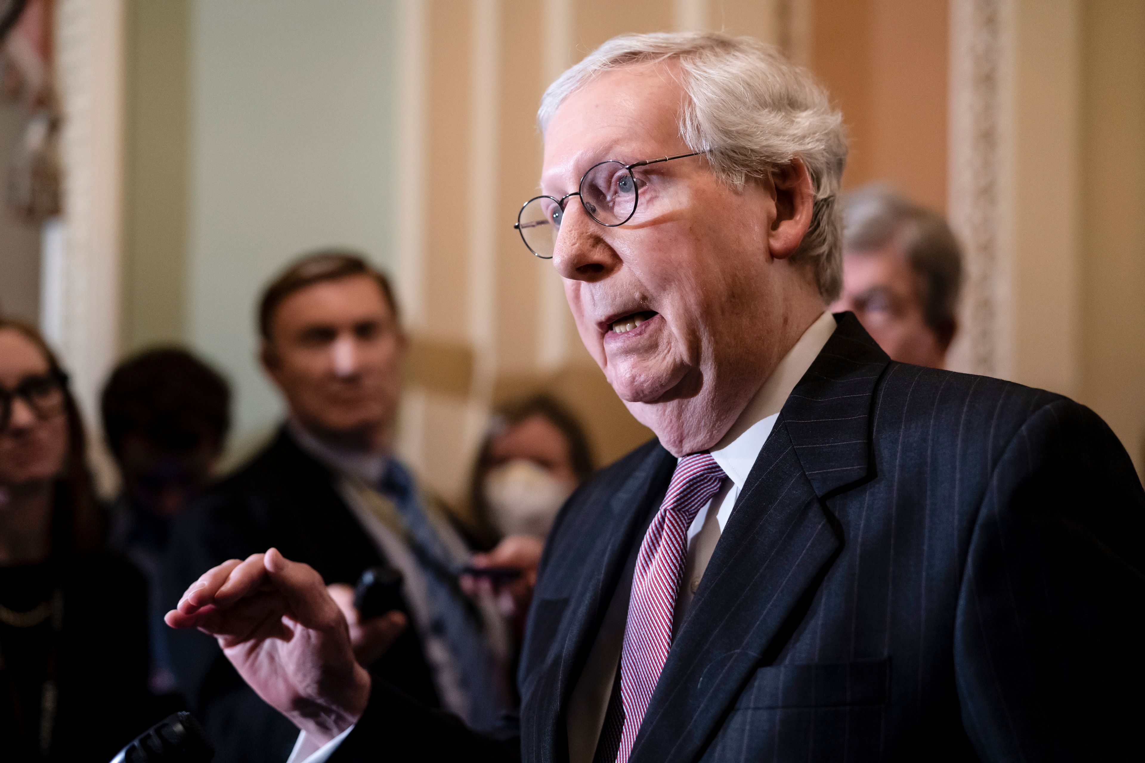 Senate Minority Leader Mitch McConnell, R-Ky., speaks to reporters ahead of a procedural vote on Wednesday to essentially codify Roe v. Wade, at the Capitol in Washington, Tuesday, May 10, 2022.