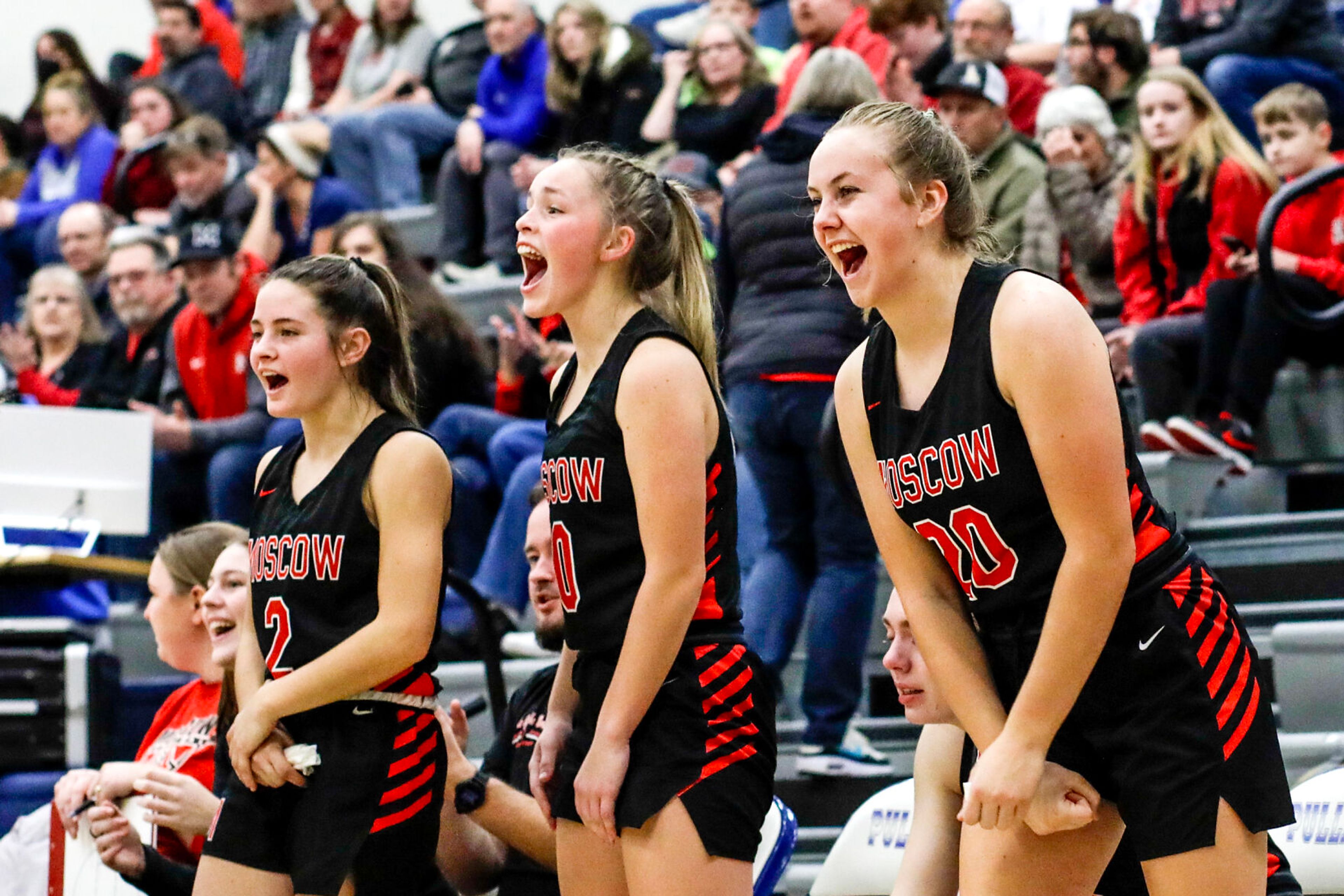 The Moscow bench cheers a made basket during Saturday's nonleague girls basketball game at Pullman.