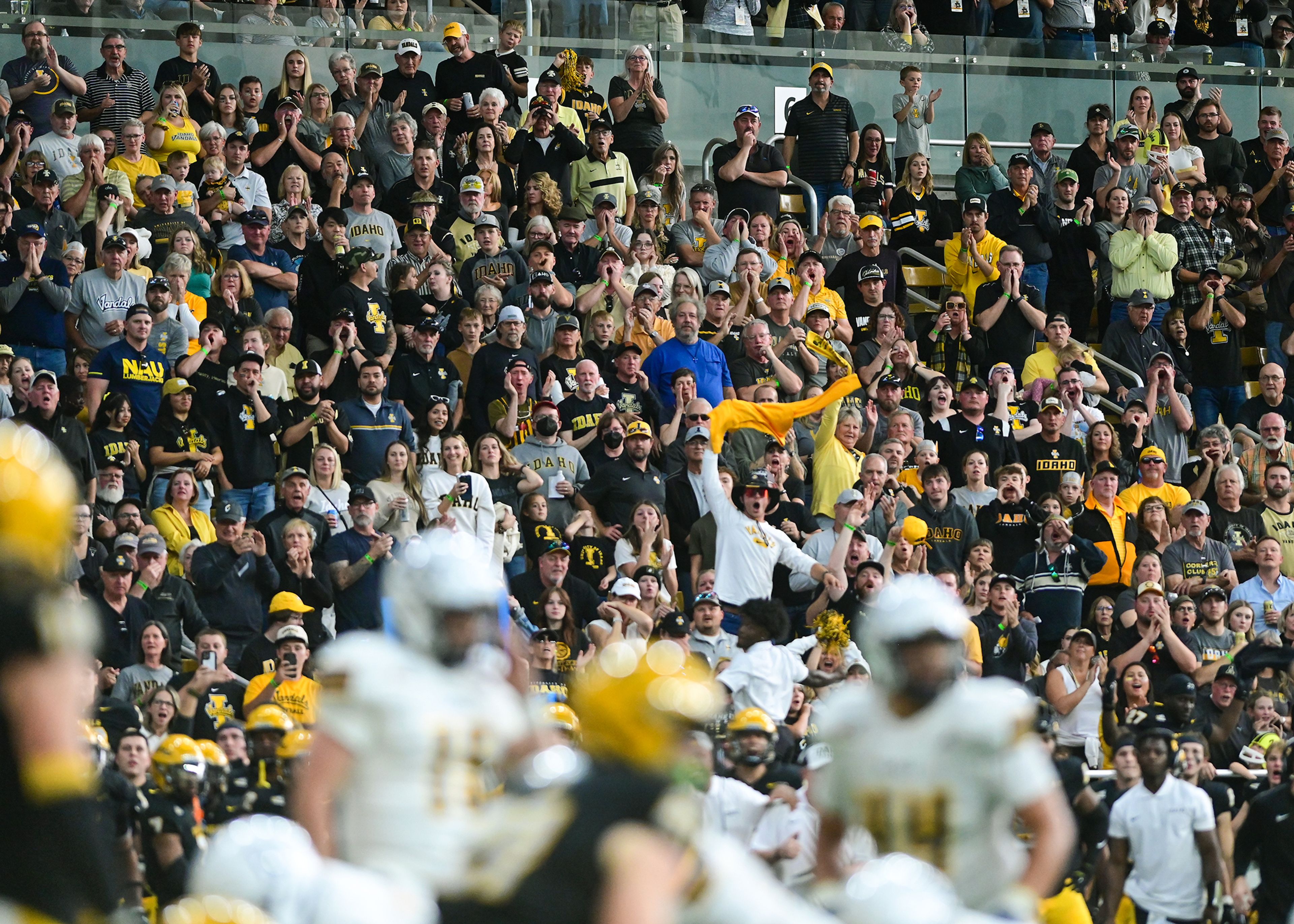 Vandal fans cheer for a strong defense from Idaho before a Northern Arizona fourth down near the end zone Saturday at the P1FCU Kibbie Dome in Moscow.,