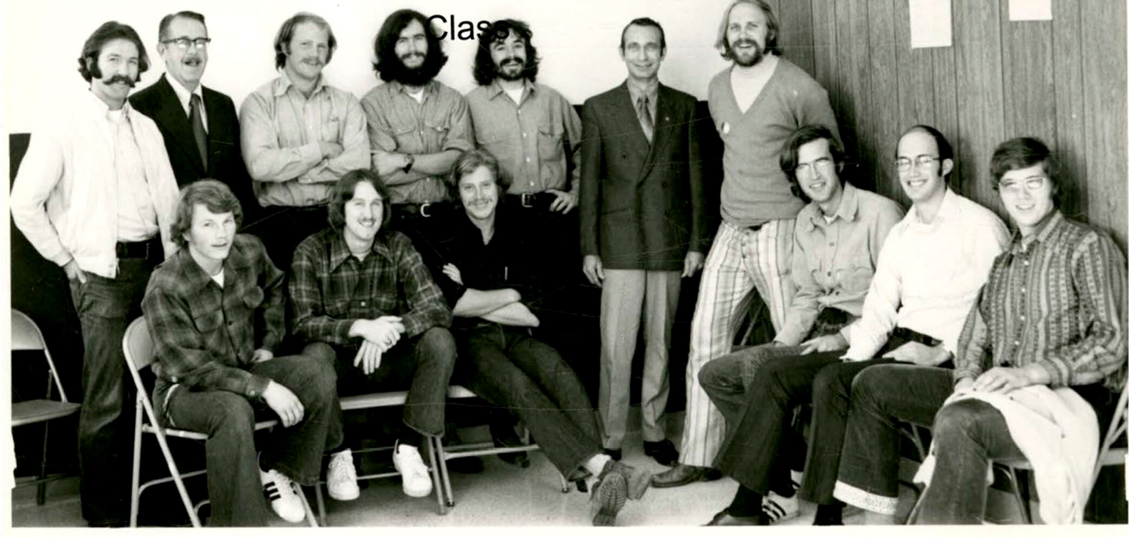 Idaho WWAMI’s first class including Steven Johnson, in front row, Gayle Anderson, Jeff Hummell, arms crossed, Dr. Pat Holland, in back row, Dr. Guy Anderson, in suit jacket, Robert Vieth, Dr. Roland Pearsol, Dr. Pat Daily, Dr. Warner Sampson, a faculty member, Dr. Al Freudenthal, Dr. Spain and Richard Lewis are pictured.