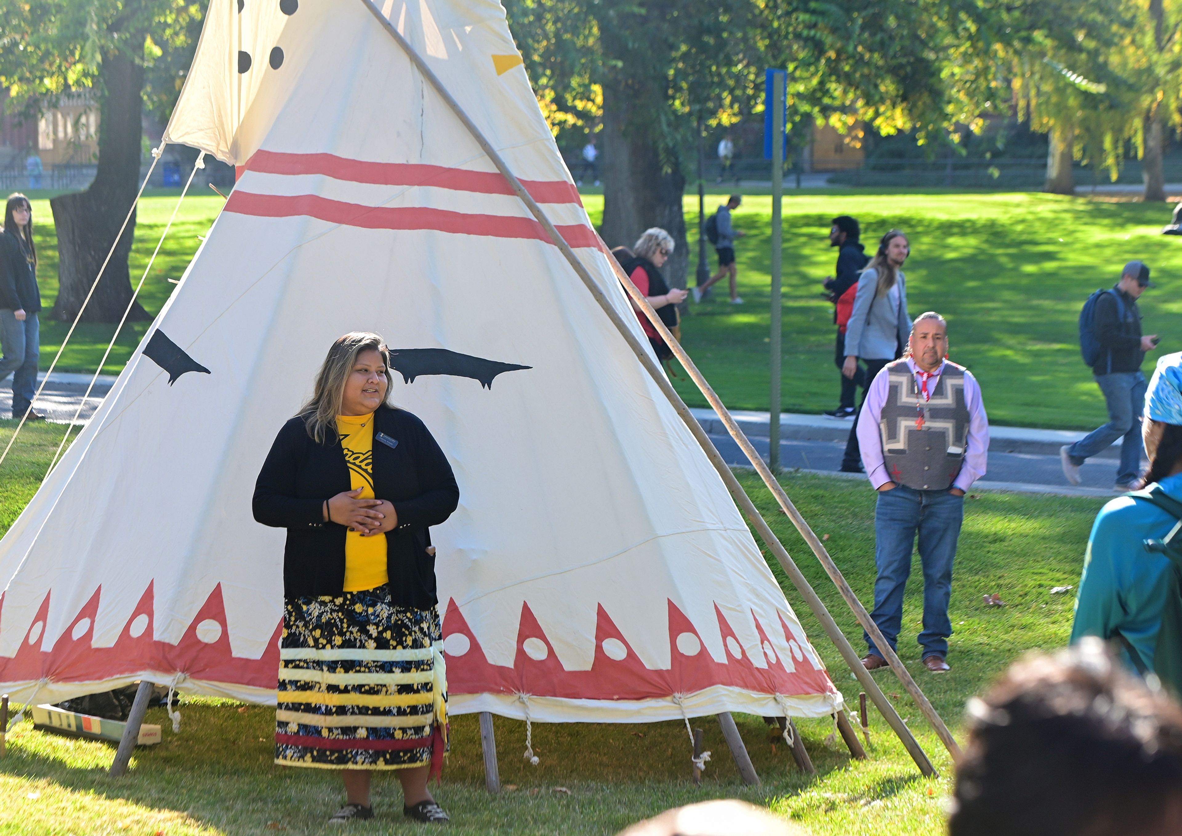 Dakota Kidder, program coordinator for the University of Idahos Native American Student Center, speaks at an NASC Indigenous Peoples Day event Monday on campus in Moscow.