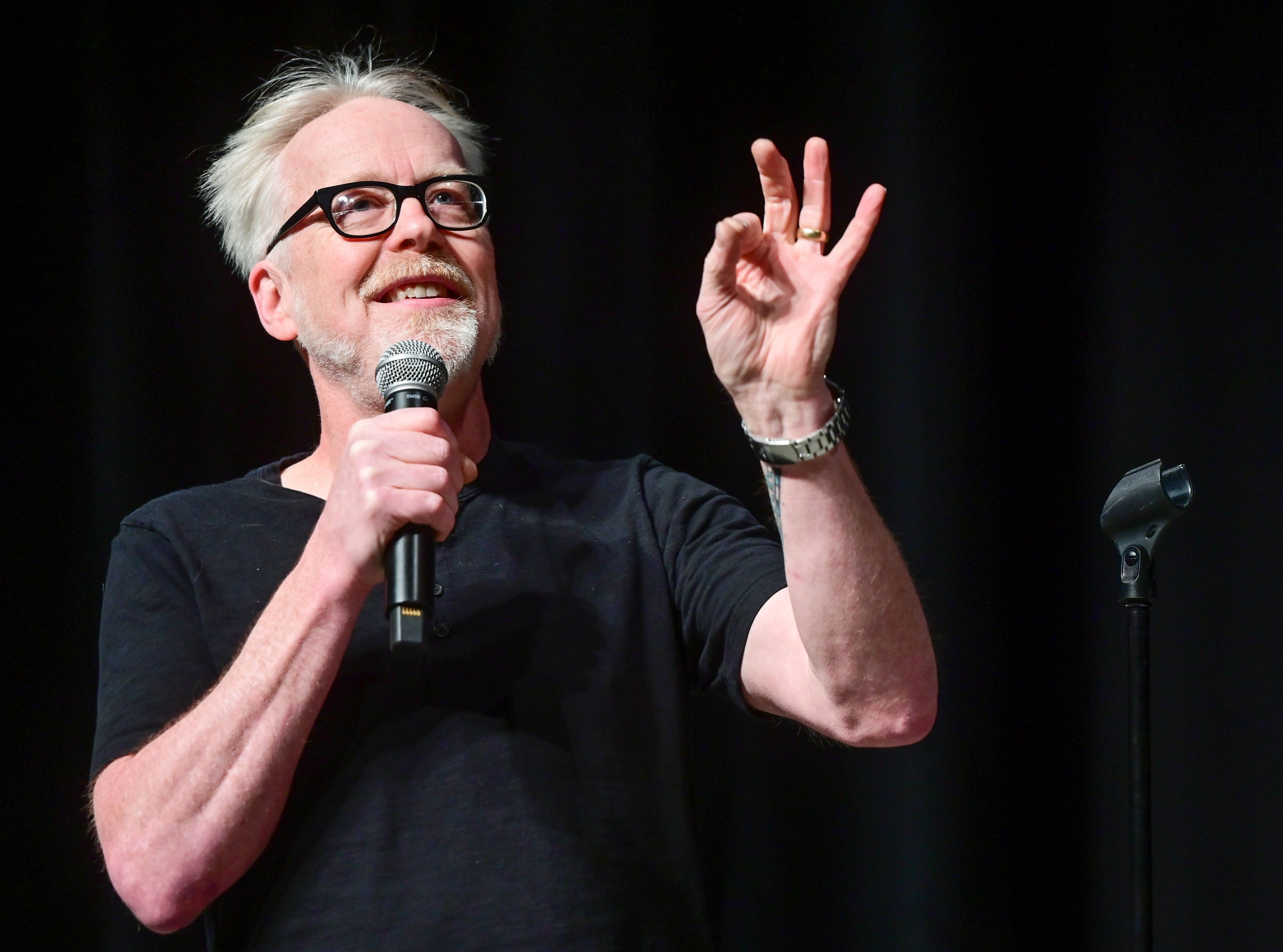 Adam Savage speaks at an Earth Day event hosted at Beasley Coliseum in Pullman on Sunday. The former co-host of "MythBusters" gave a keynote on his work and responded to crowd questions.