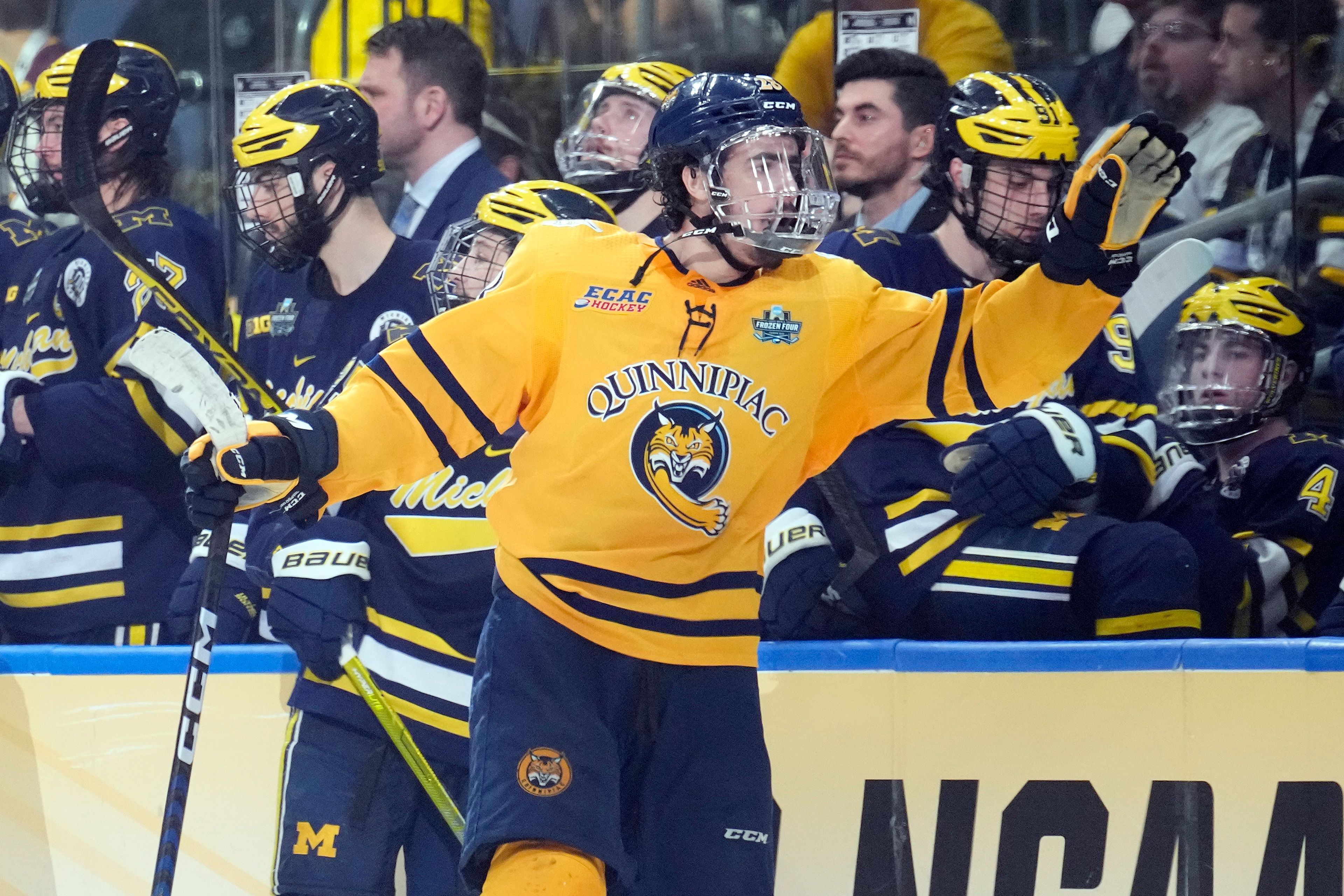 Quinnipiac forward Sam Lipkin reacts after his goal against Michigan during the third period of an NCAA semifinal game in the Frozen Four college hockey tournament Thursday, April 6, 2023, in Tampa, Fla. (AP Photo/Chris O'Meara)