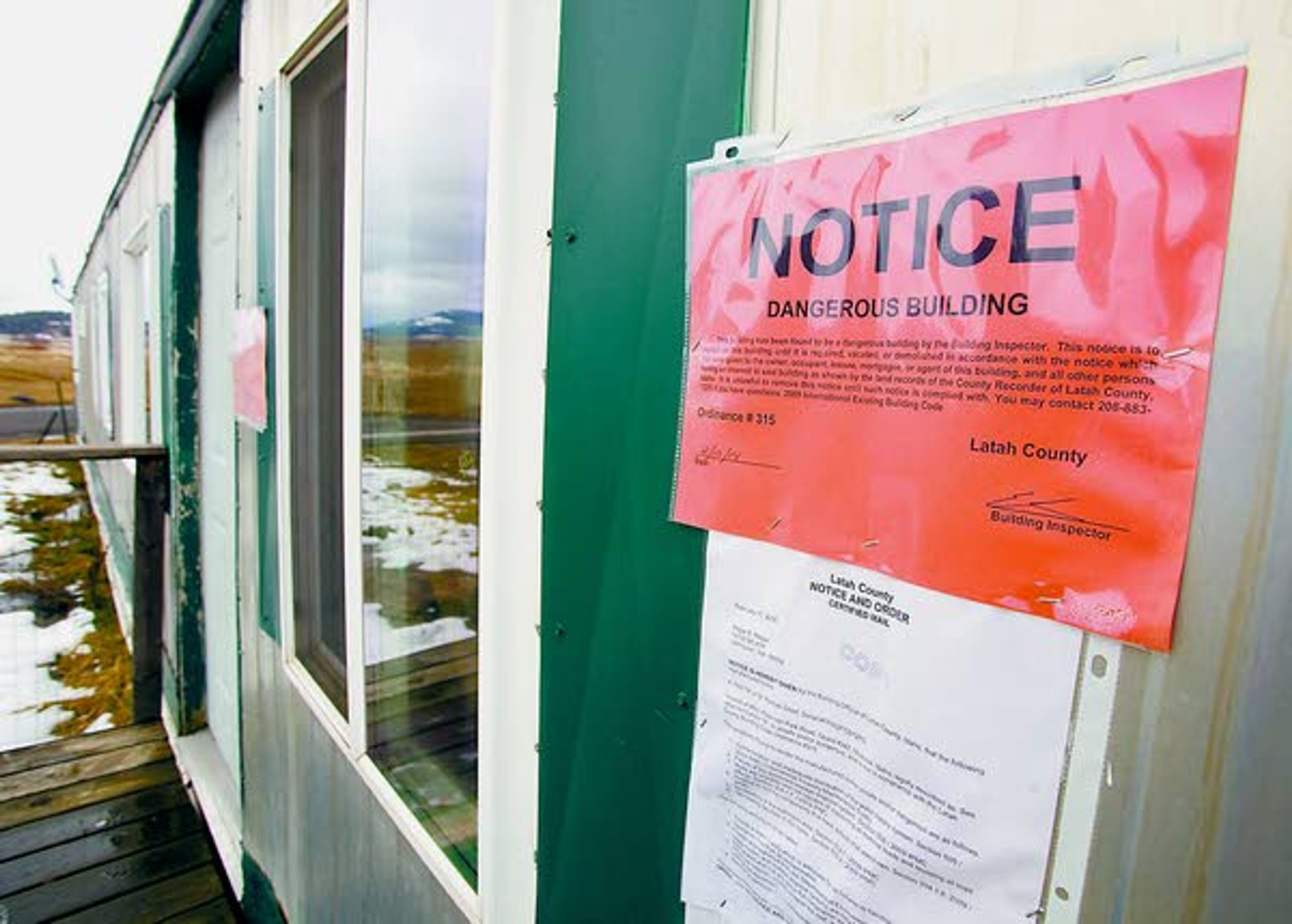 A red tag placed by a Latah County building inspector indicates a trailer at space 347 at Syringa Mobile Home Park east of Moscow cannot be occupied.