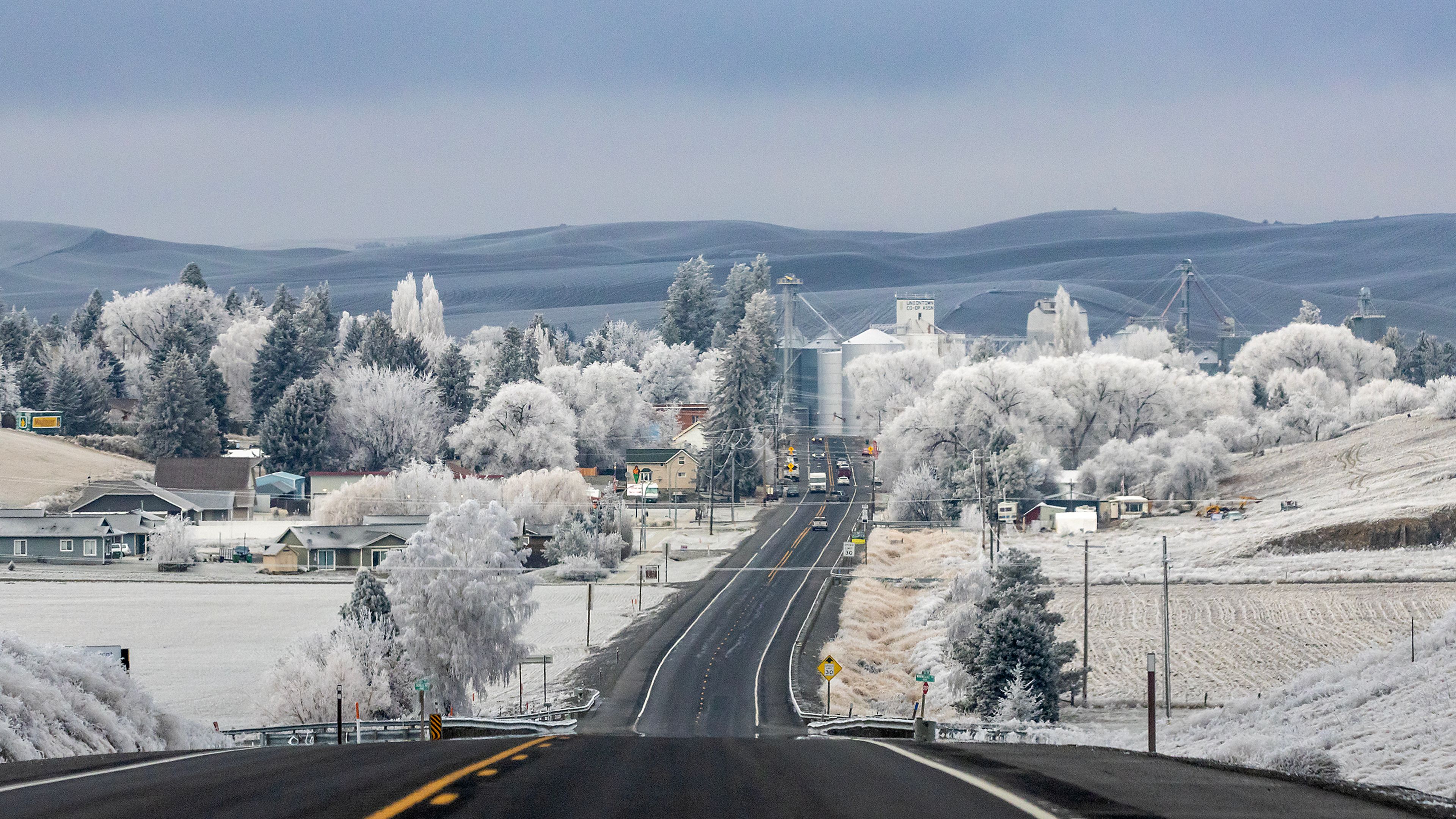 Uniontown, in this Nov. 29 image, sits with a layer of frost turning it white. Real snow is expected in the region this week.