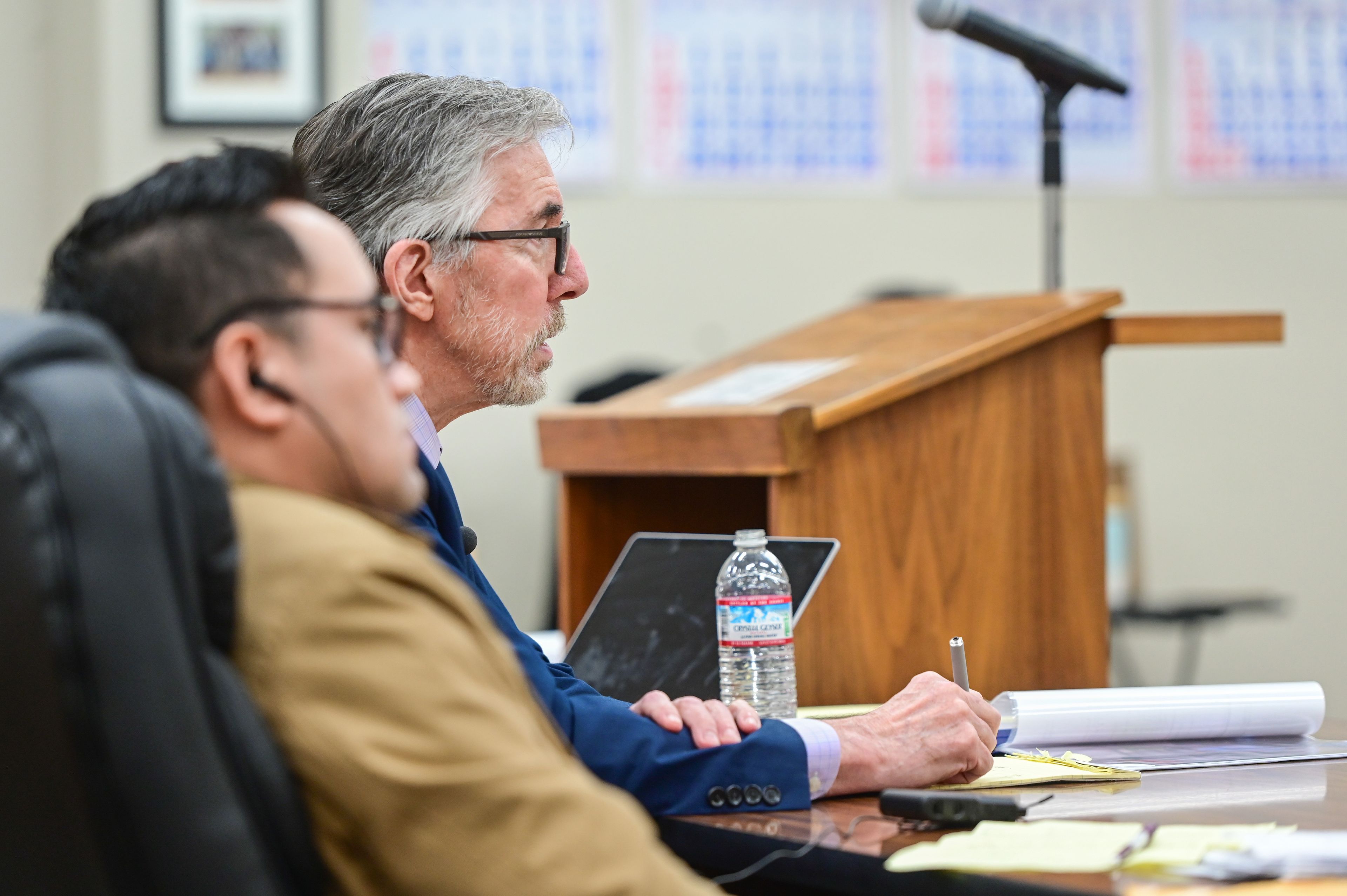 Defense attorney Steven Martonick, right, cross-examines a witness in the trial for Juan Trejo Perez, left, who’s accused of molesting a teenage boy in Pullman, at the Whitman County Superior Court in Colfax on Tuesday.