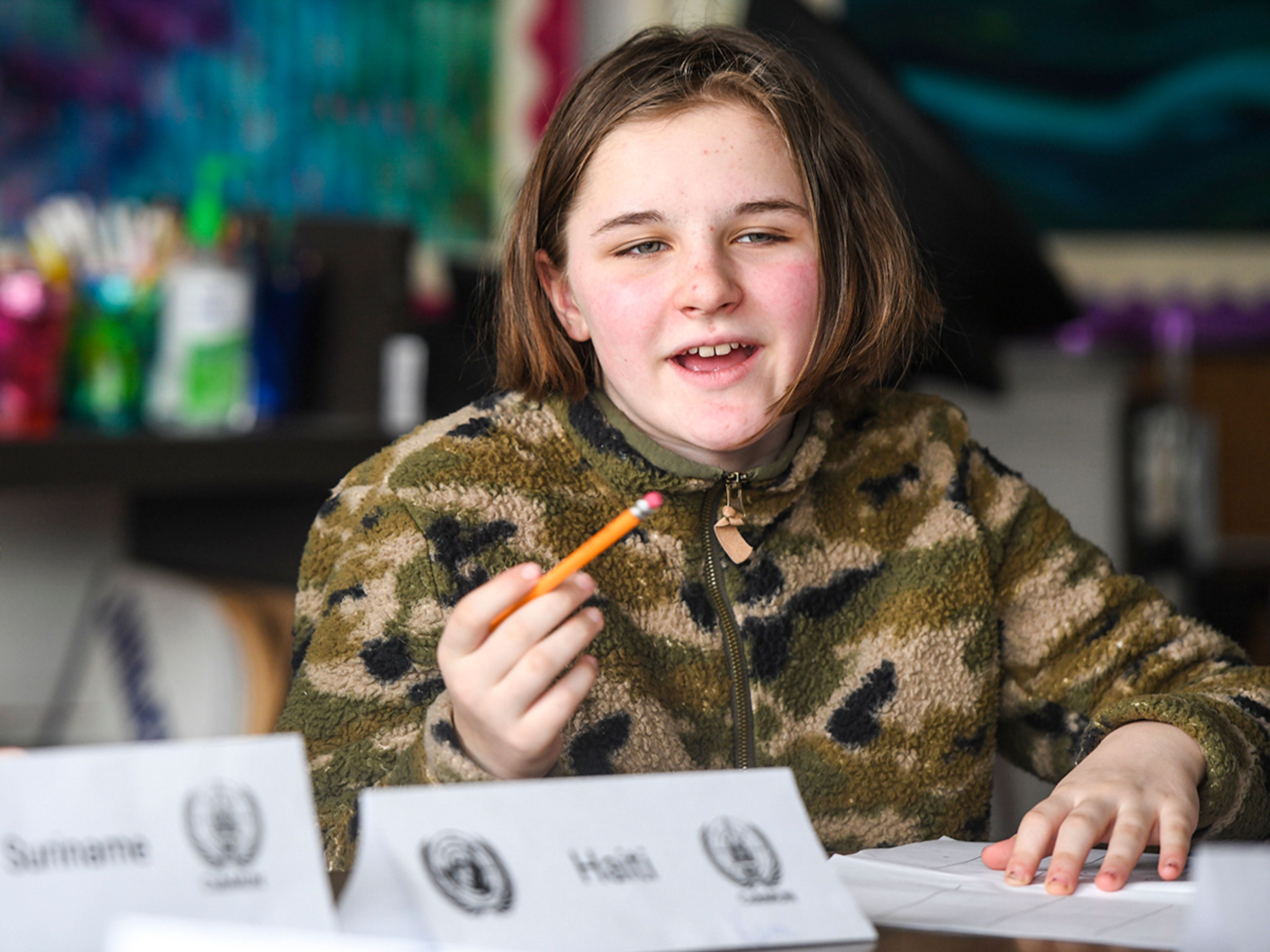 Kamilla Brown speaks on behalf of Haiti during a Model UN event Wednesday afternoon at Moscow Middle School.