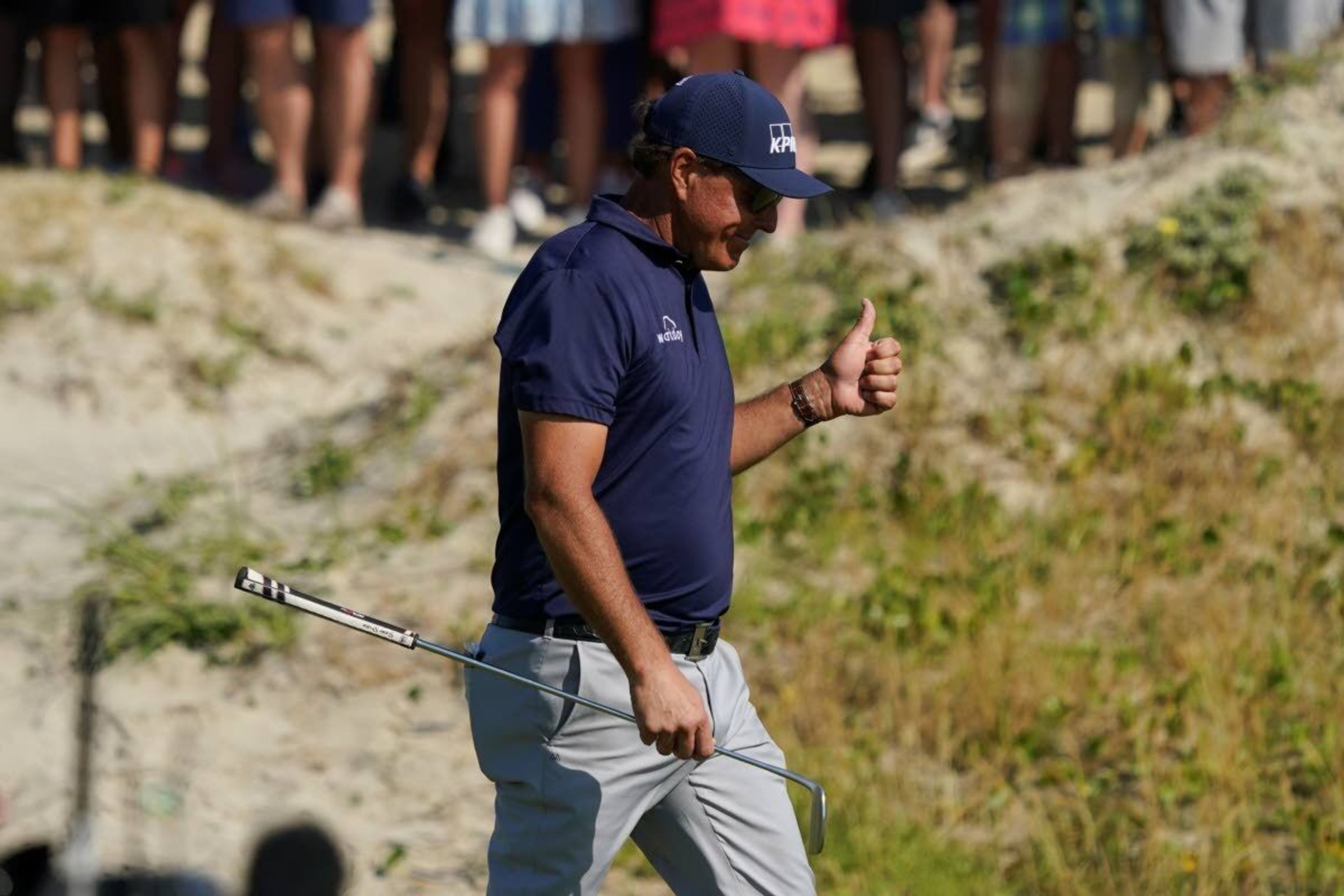 Phil Mickelson walks up the 10th fairway during the final round at the PGA Championship golf tournament on the Ocean Course, Sunday, May 23, 2021, in Kiawah Island, S.C. (AP Photo/Matt York)