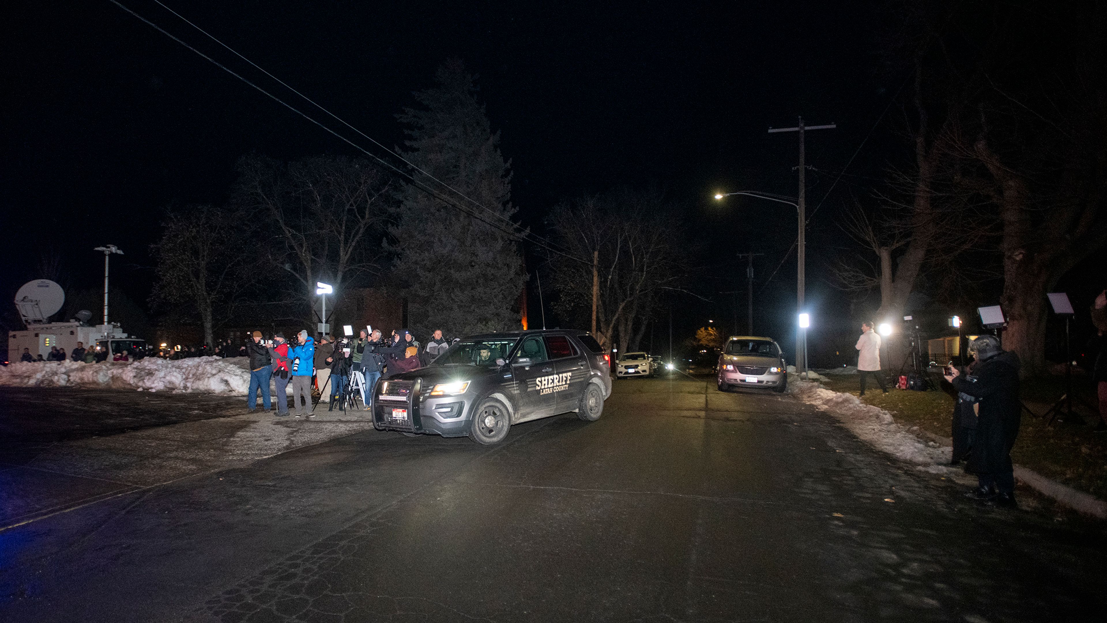 A convoy of law enforcement arrive at the Latah County Sheriff’s Office in Moscow with suspect Bryan Kohberger on Wednesday evening.