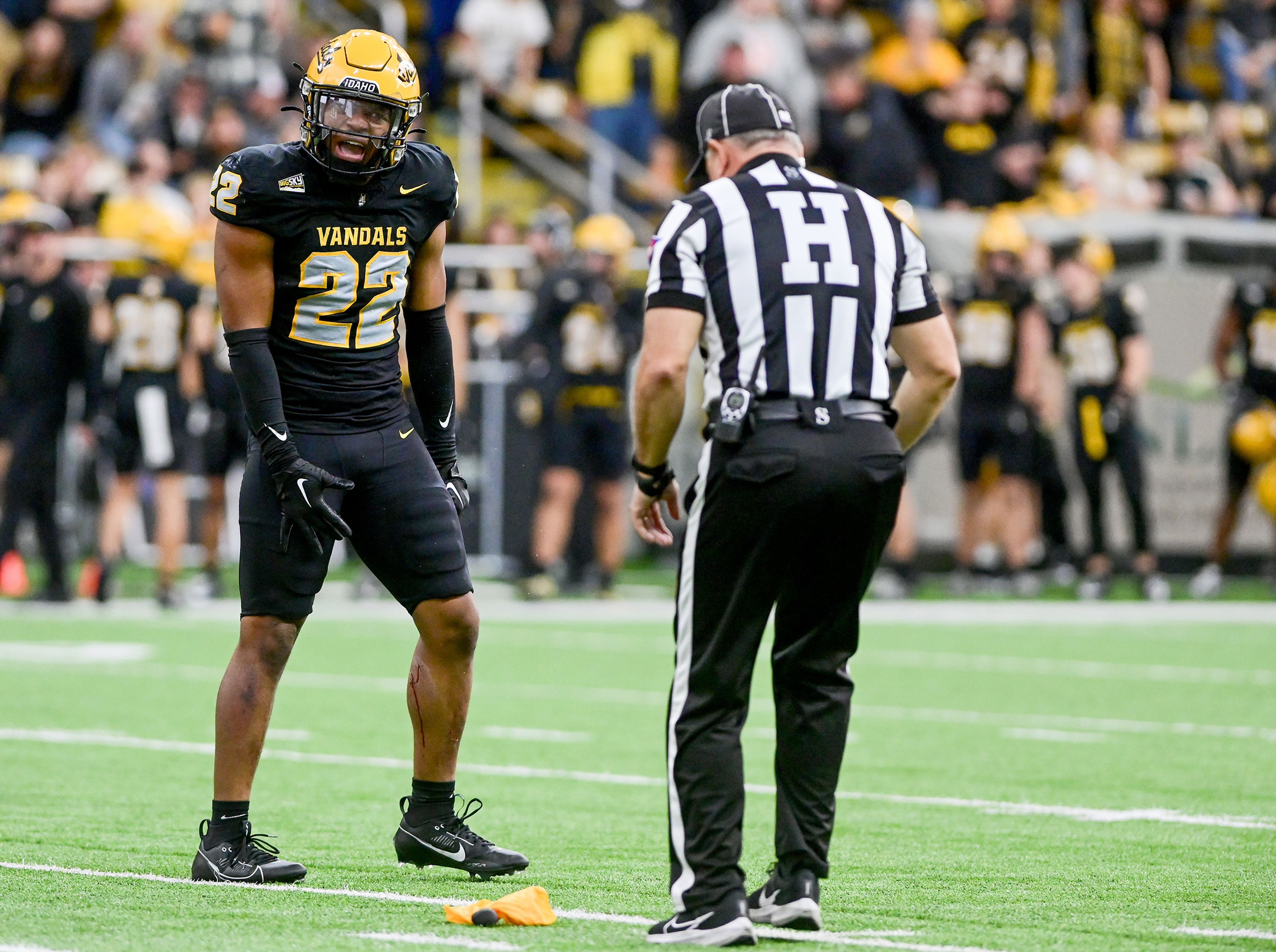 Idaho defensive back Dwayne McDougle reacts to a call Saturday during a game against Cal Poly at the P1FCU Kibbie Dome in Moscow.,