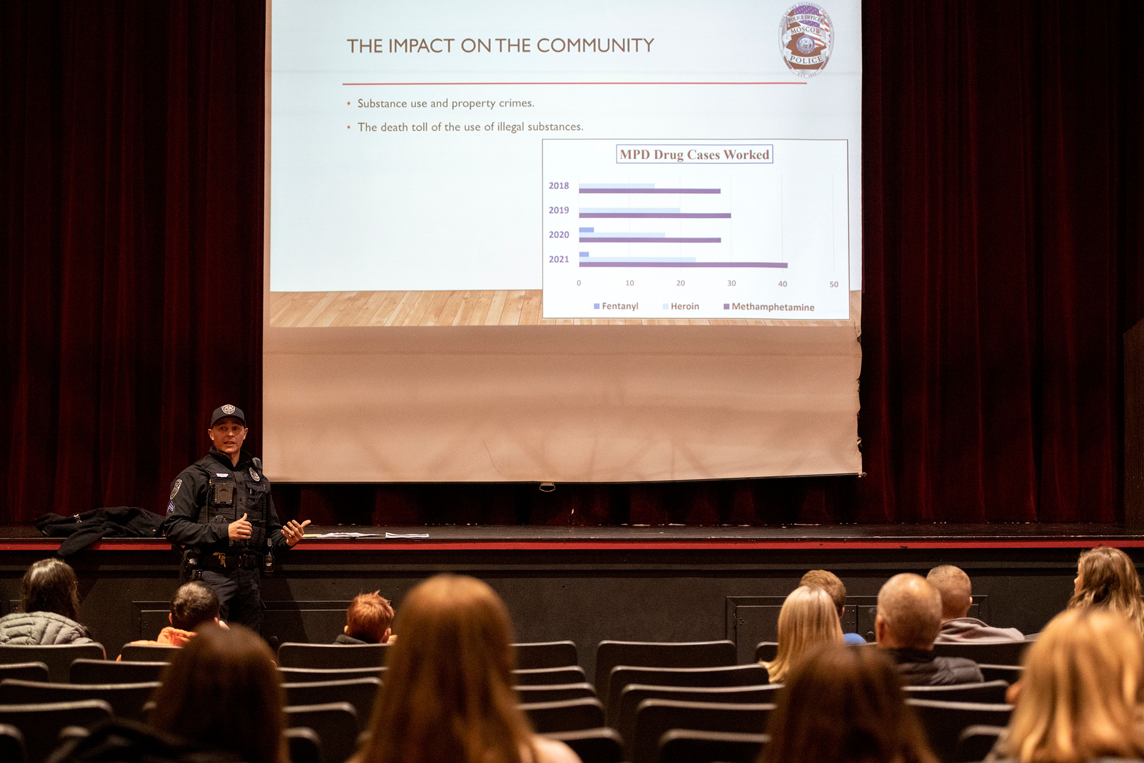 Cpl. Ryan Snyder speaks to an audience Tuesday during a drug awareness presentation from the Moscow Police Department in honor of Red Ribbon Week at Moscow High School.