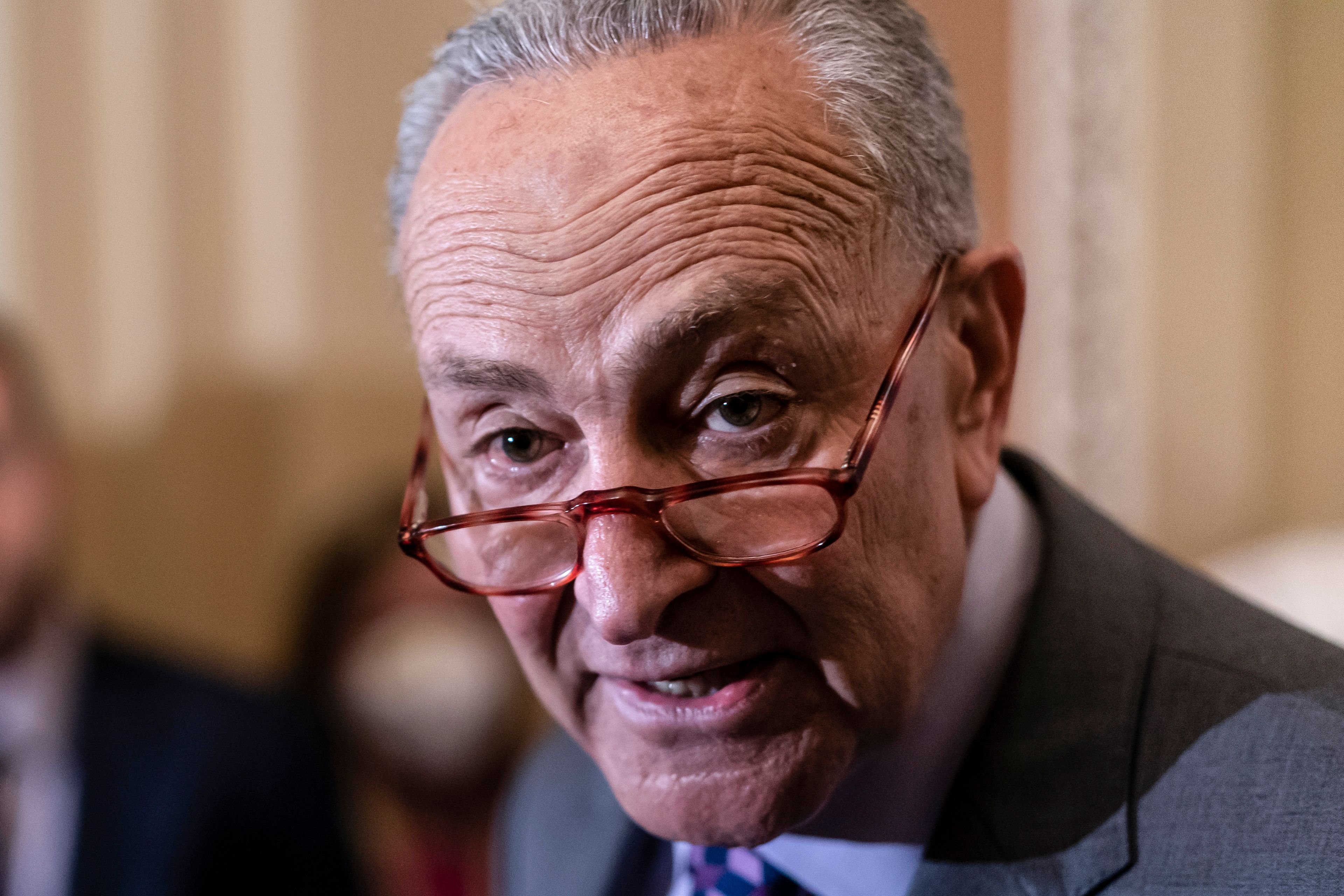 Senate Majority Leader Chuck Schumer, D-N.Y., speaks to reporters ahead of a procedural vote on Wednesday to essentially codify Roe v. Wade, at the Capitol in Washington, Tuesday, May 10, 2022.