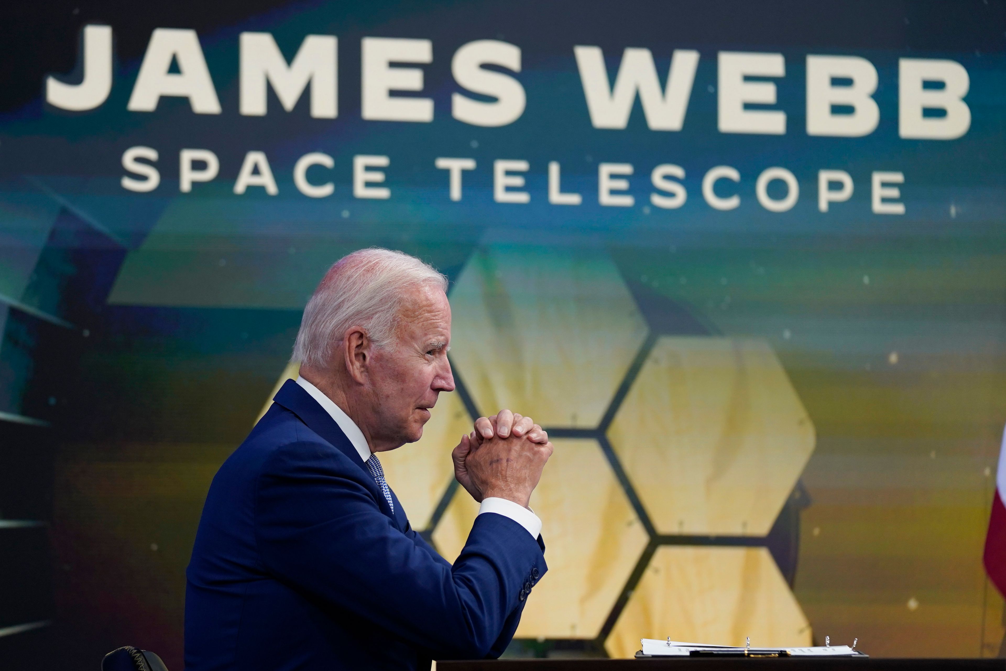 President Joe Biden speaks during a briefing from NASA officials about the first images from the Webb Space Telescope, the highest-resolution images of the infrared universe ever captured, in the South Court Auditorium on the White House complex, Monday, July 11, 2022, in Washington. (AP Photo/Evan Vucci)