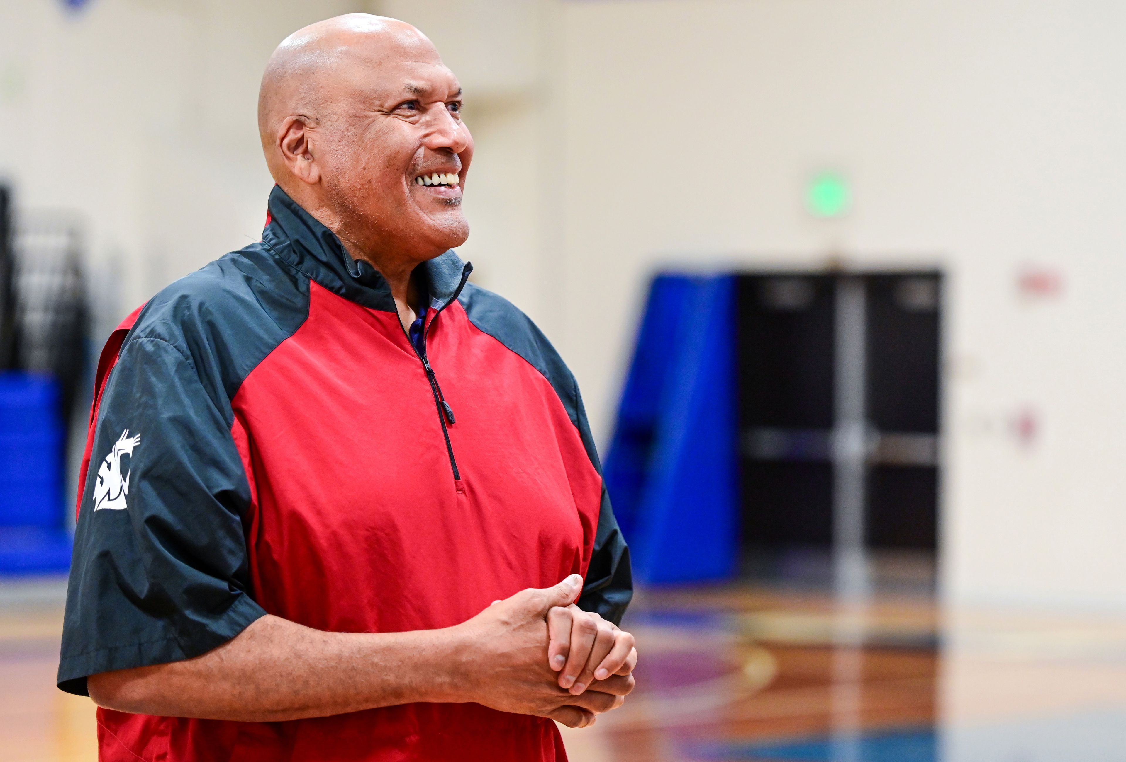 Former NBA and WSU athlete James Donaldson smiles after speaking to students at Colton High School about mental health on Tuesday.