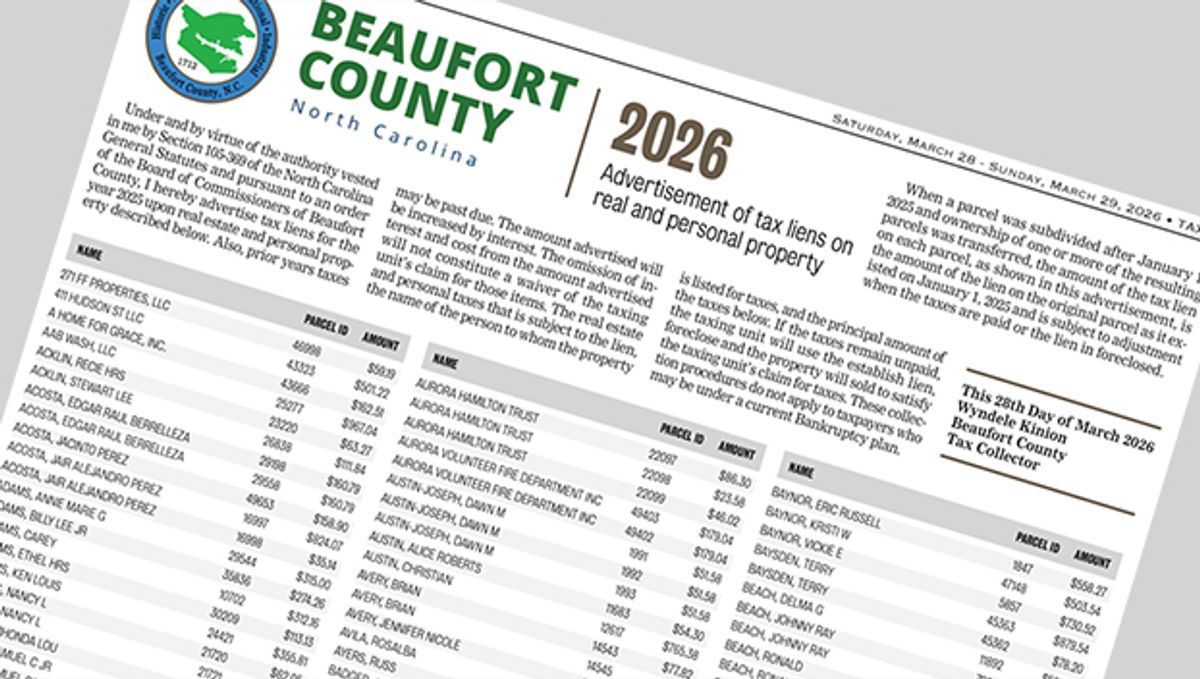 Beaufort County 2026 advertisement of tax liens on real and personal property