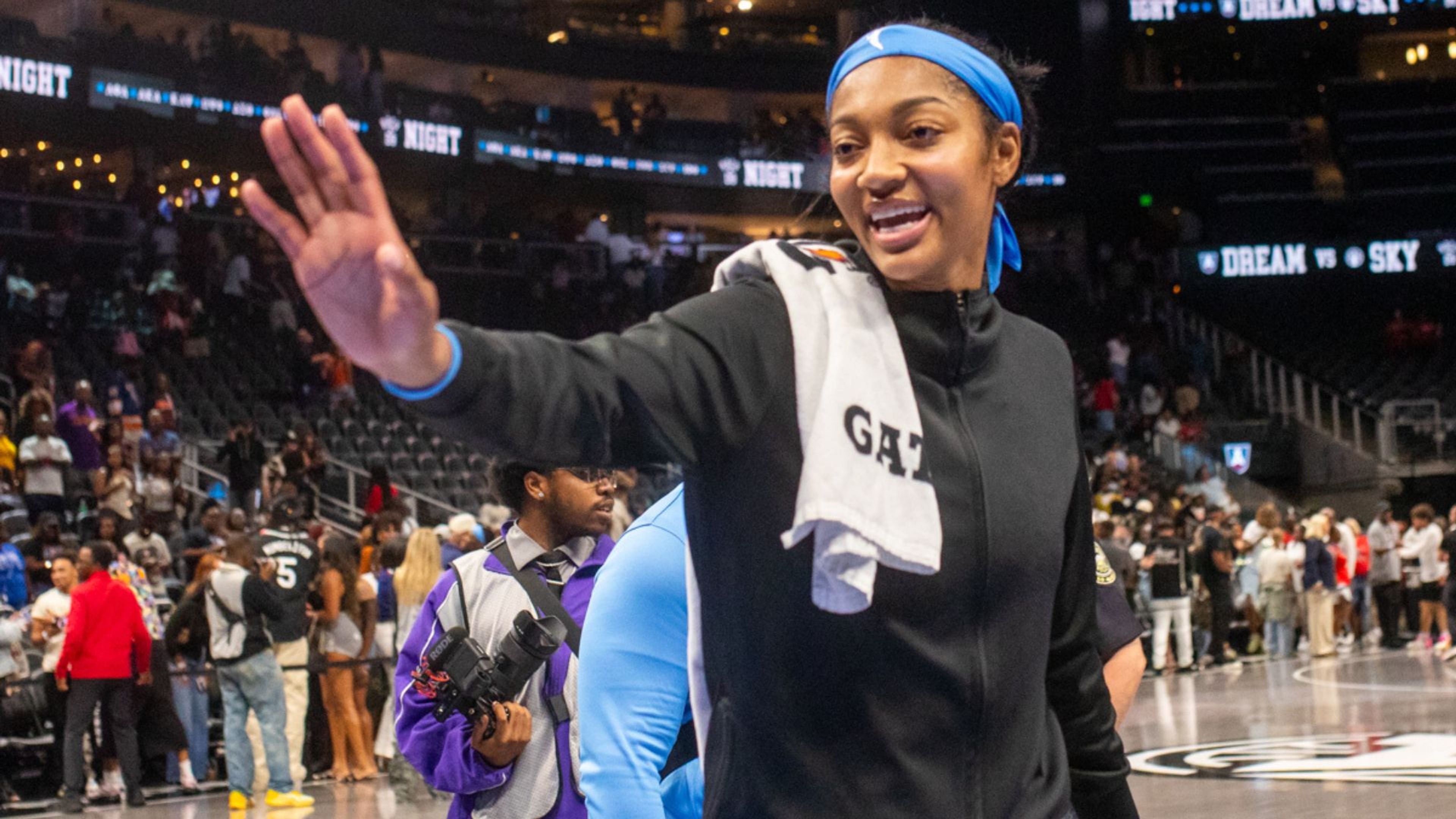 Angel Reese waves to fans after a WNBA game between the Chicago Sky versus the Atlanta Dream on September 19, 2026 at State Farm Arena in Atlanta, Georgia.