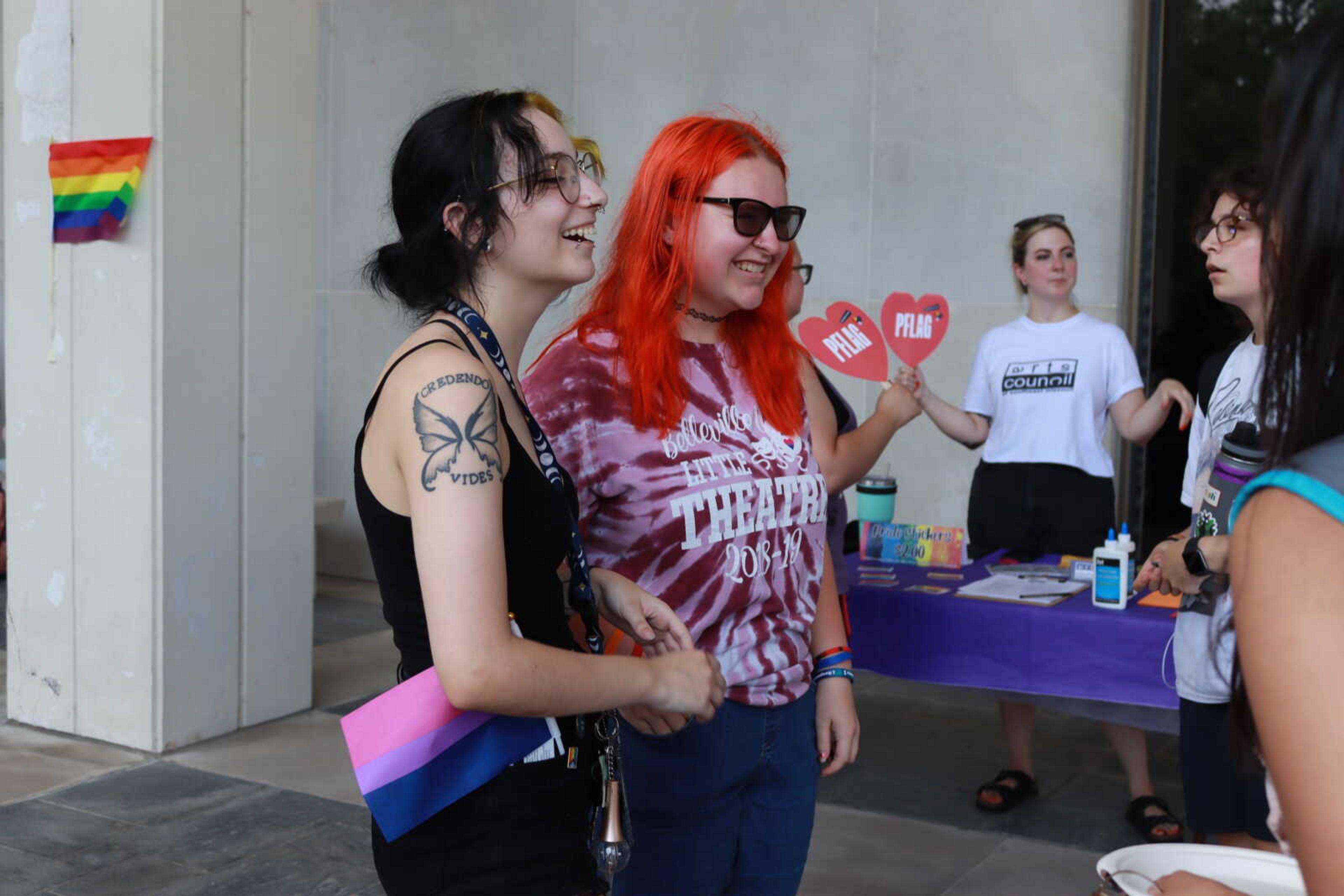 Left) Sophomore microbiology major Aryn Kalota and SEMO student Morgan Elliff laugh and cherish their time together at the LGBTQ + ally Picnic on Aug. 23 at Kent Library.