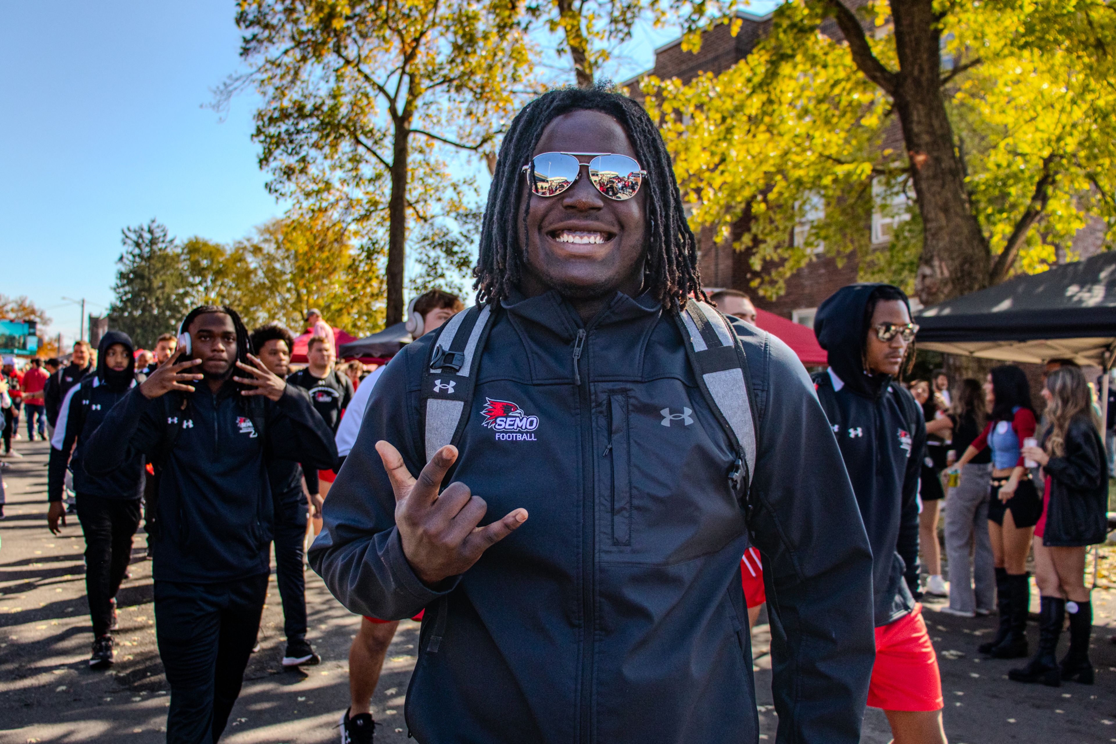 SEMO football player poses for a photo at the Homecoming 2024 tailgate. 