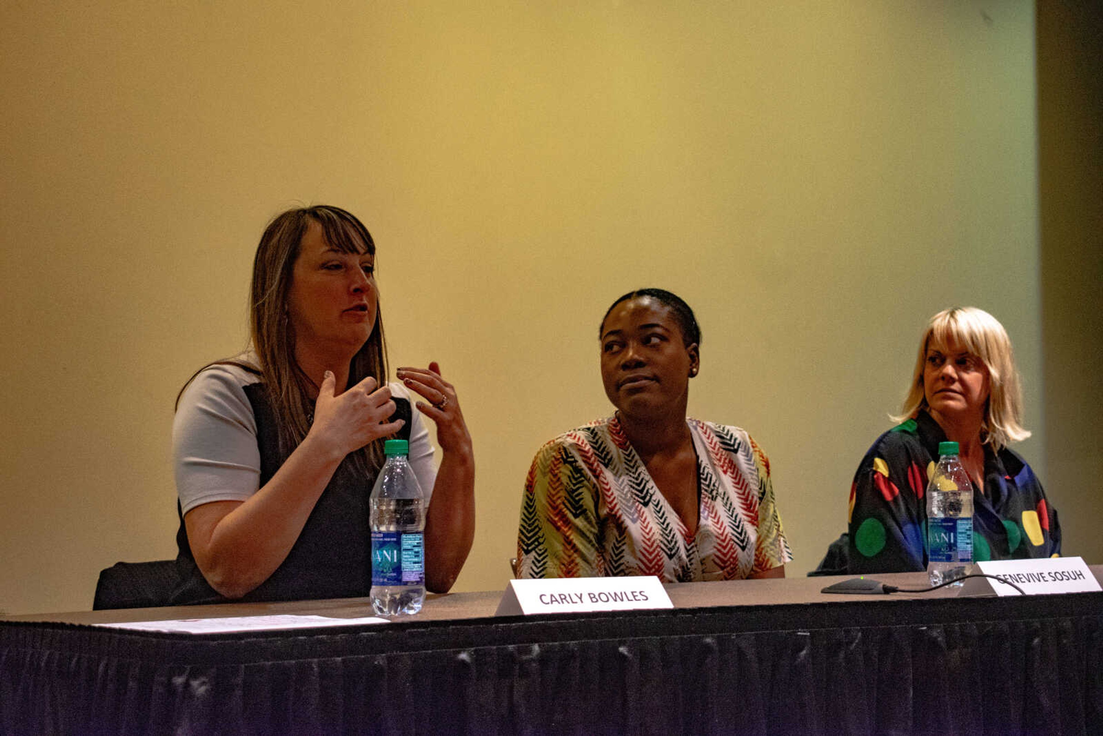 CPA and member of Cape Girardeau Chamber of Commerce Carly Bowles (left) recounting her rise as an individual professional while panelists Genevive Sosuh (middle) and Laurie Everett (right) listen attentively, Oct. 22, 2019 in Glenn Auditorium at Southeast Missouri State, University Cape Girardeau, Missouri.