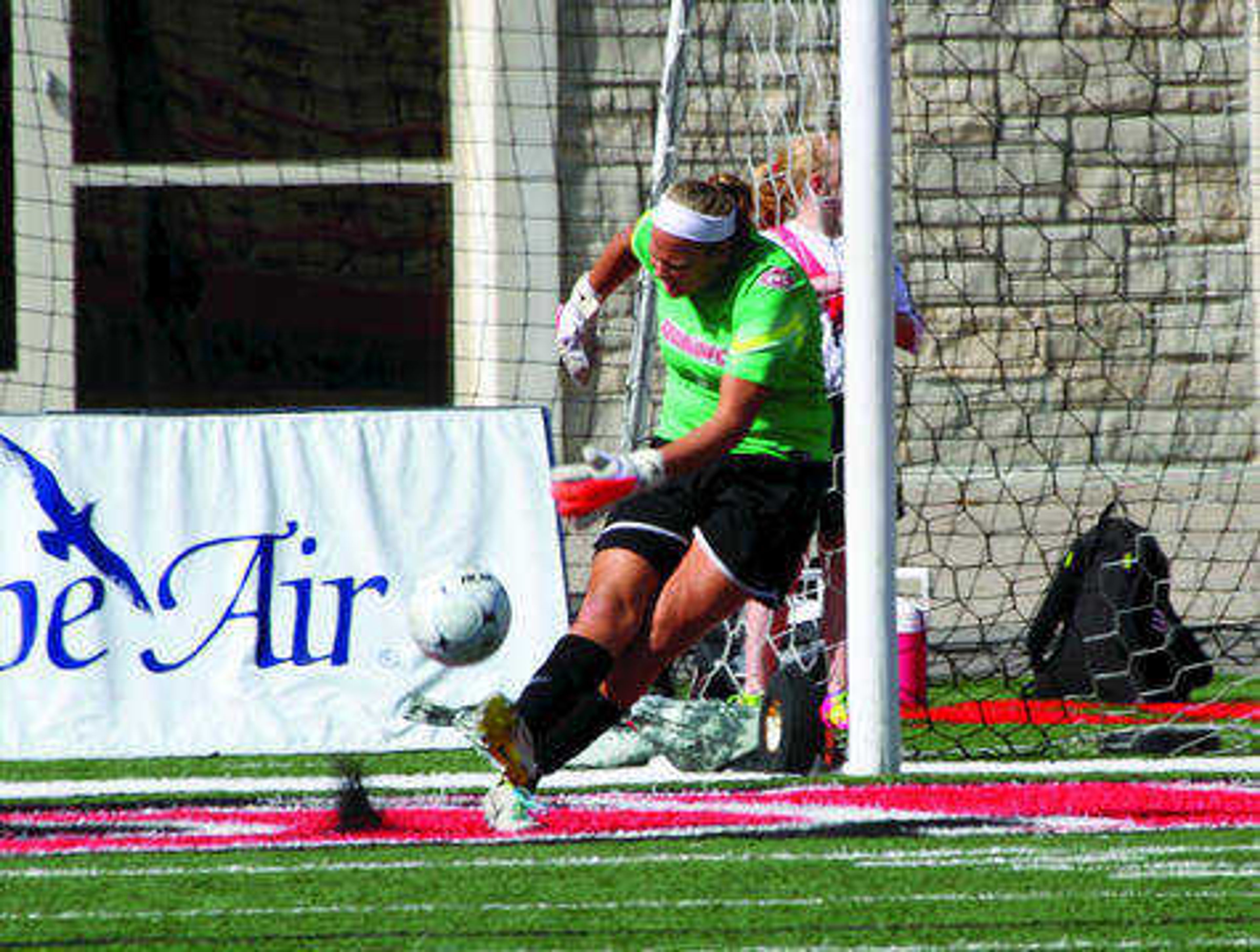 Kindra Lierz kicks the ball away from the goal against Morehead State on Oct. 19 at Houck Stadium. Photo by Mark Mahnke/Southeast Missouri Athletics
