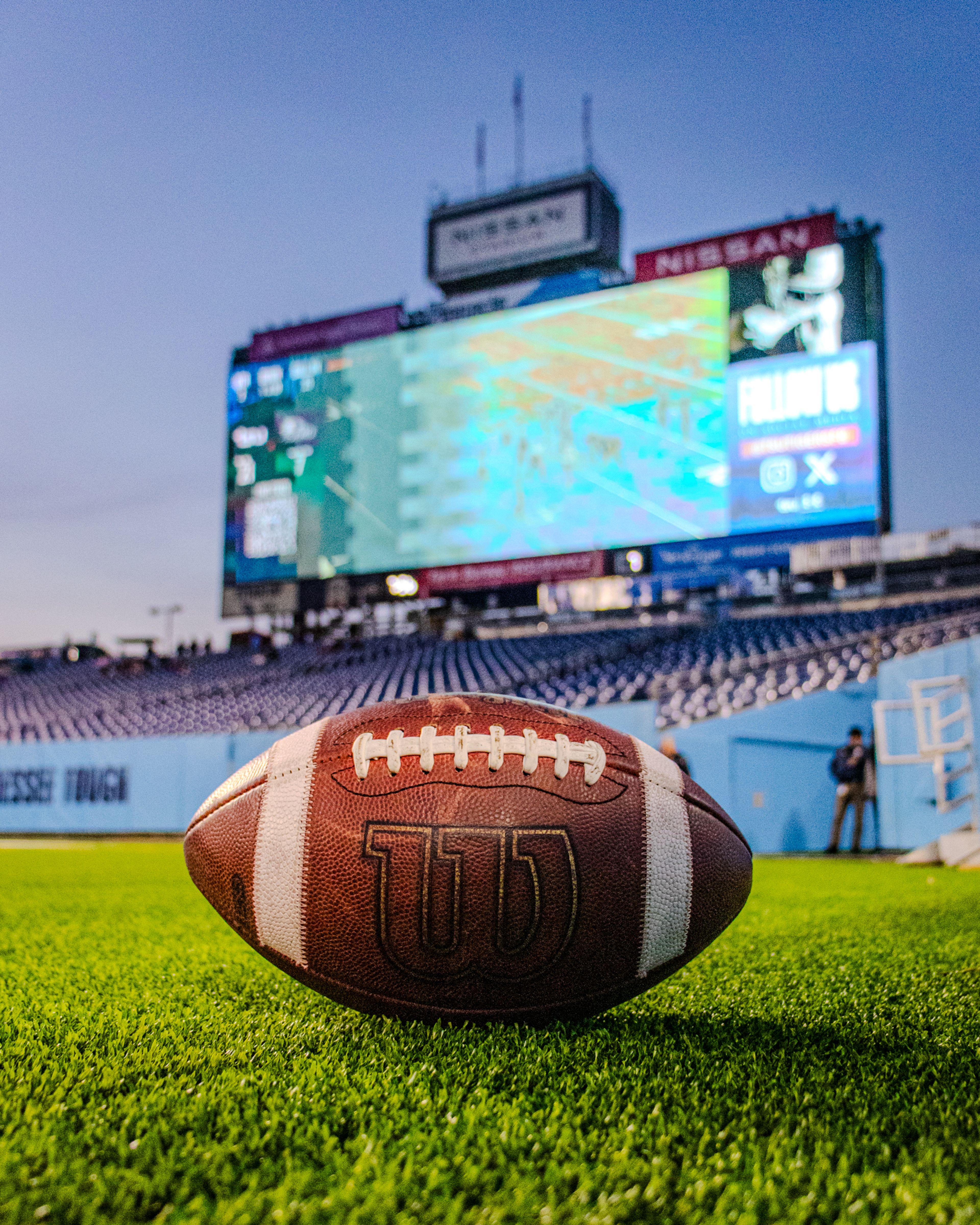 A football rests on the field of Nissan Stadium during the game against TSU.