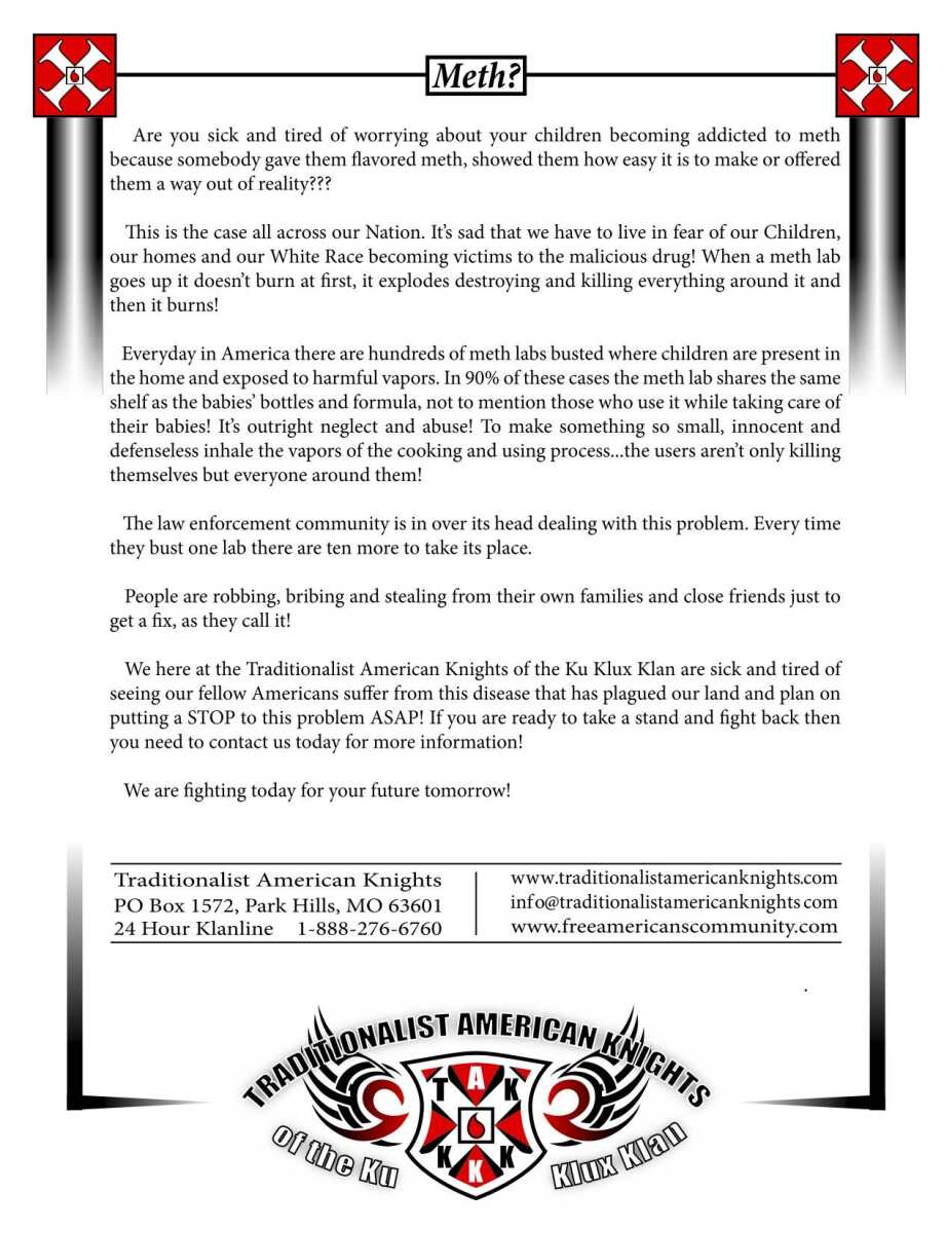 An example of a Traditionalist American Knights flier taken from the organization's website.