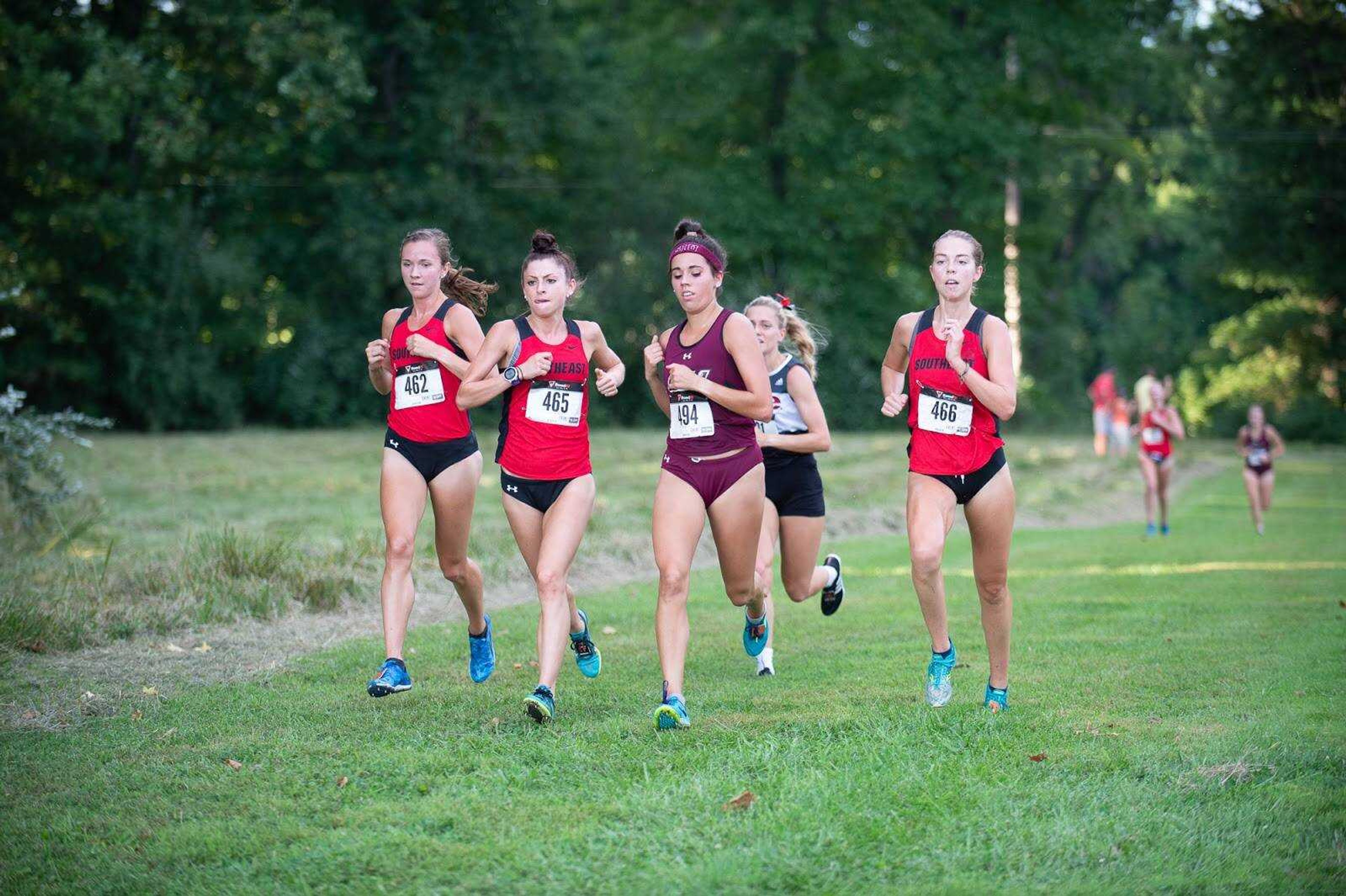Kaitlyn Shea (#466), Carli Knott (#462) and Sydney O'Brien (#465) leading the pack during the Saluki Invite on Aug. 31.