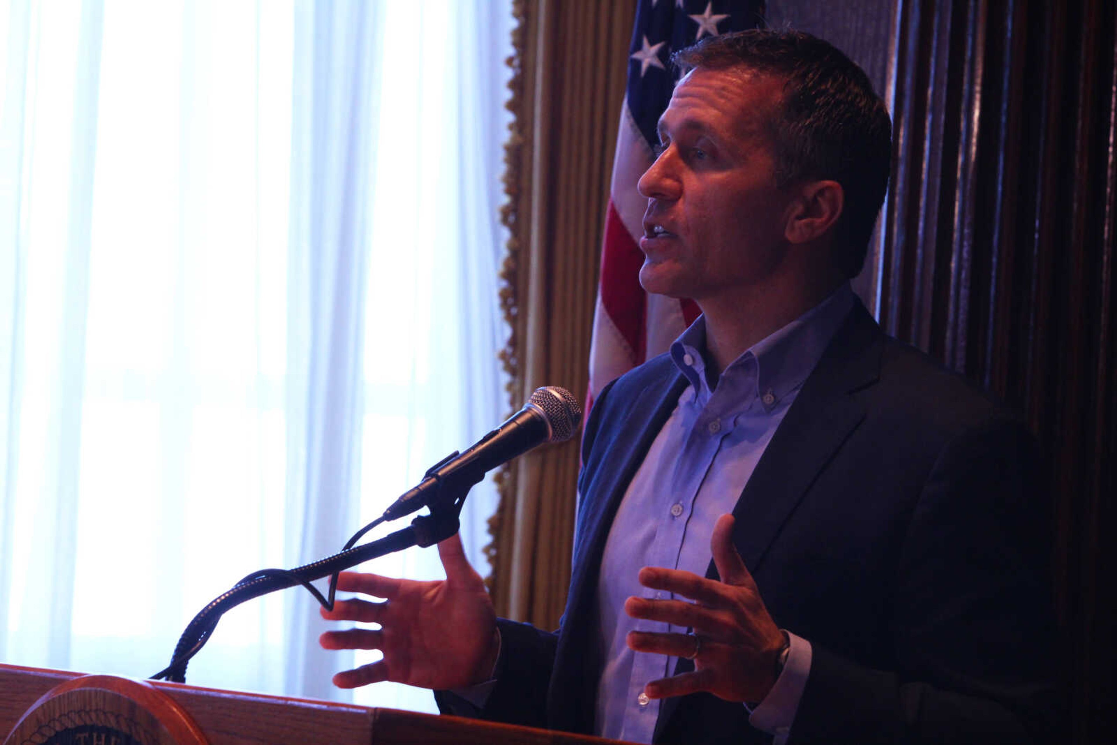 Missouri governor Eric Greitens speaks at a press conference to address the release of a committee investigation on his recent his recent sex scandal at the Missouri Capitol Building on April 11.