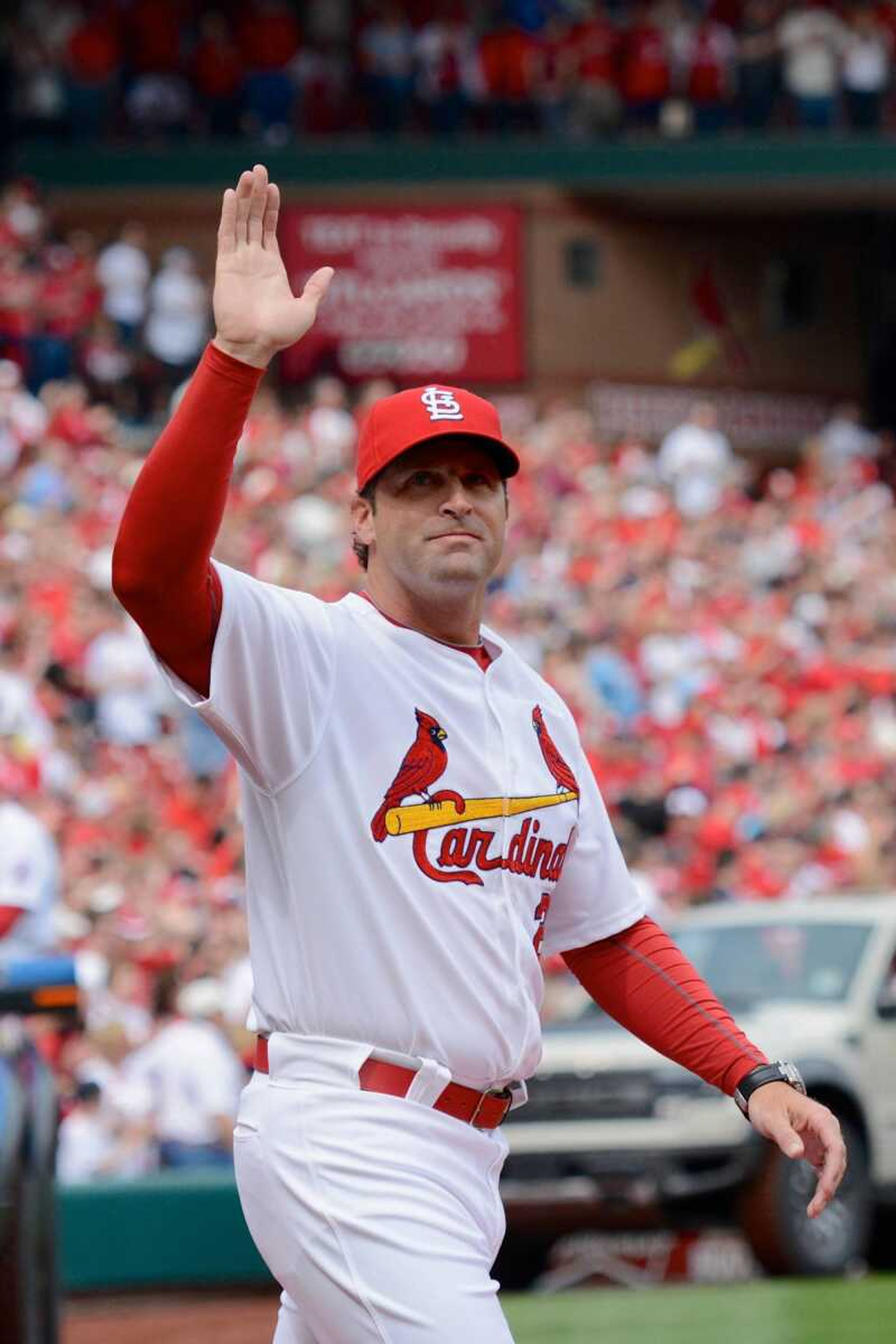 Mike Matheny waves at the crowd during Opening Day on April 8, 2013. Matheny will visit Southeast on Nov. 17 as the keynote speaker of the Arrow Success and Leadership Summit. (Photo courtesy of the St. Louis Cardinals)