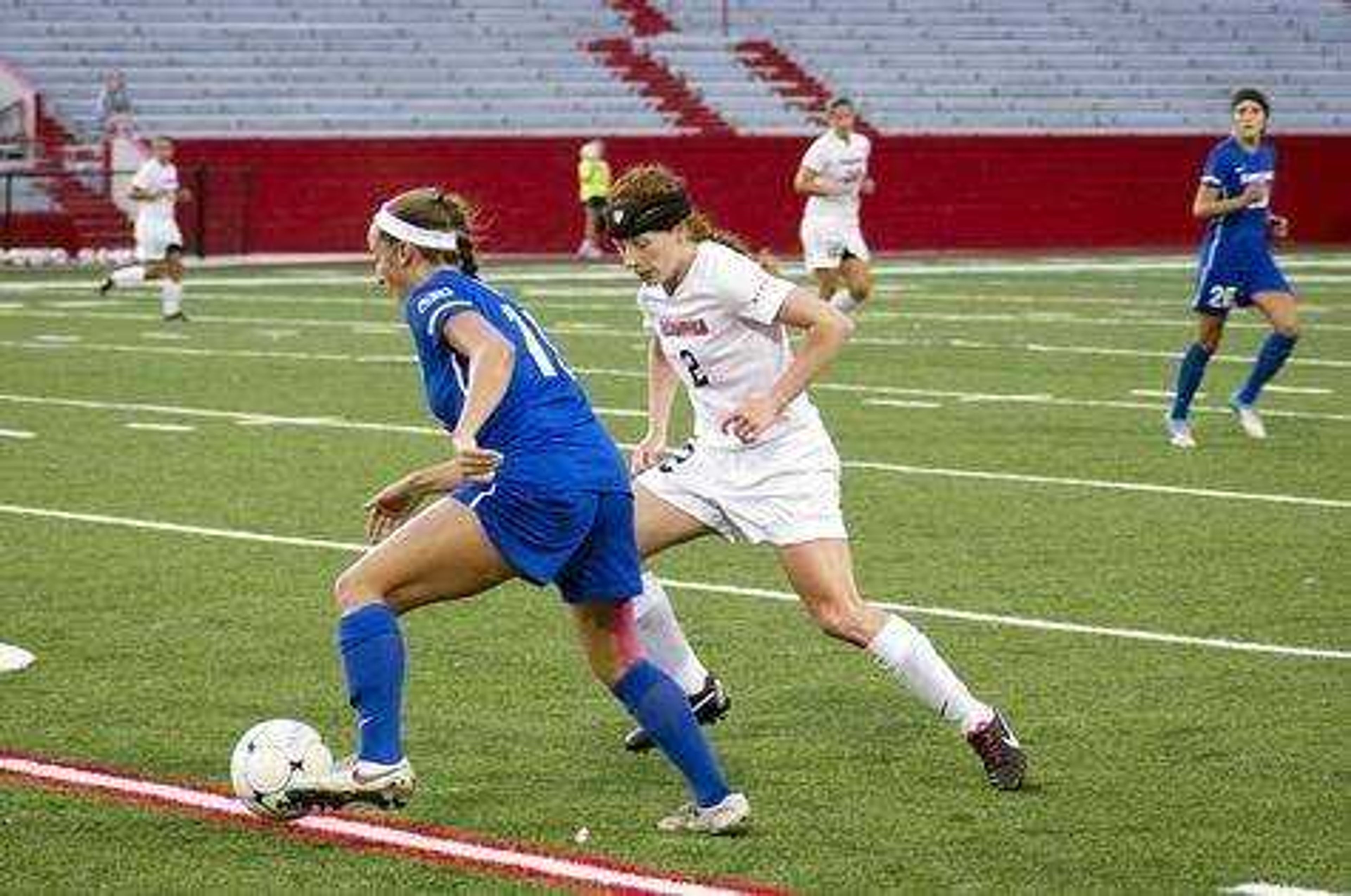 Senior defender Meg Herndon takes on a St. Louis University player during a game on Aug. 19.