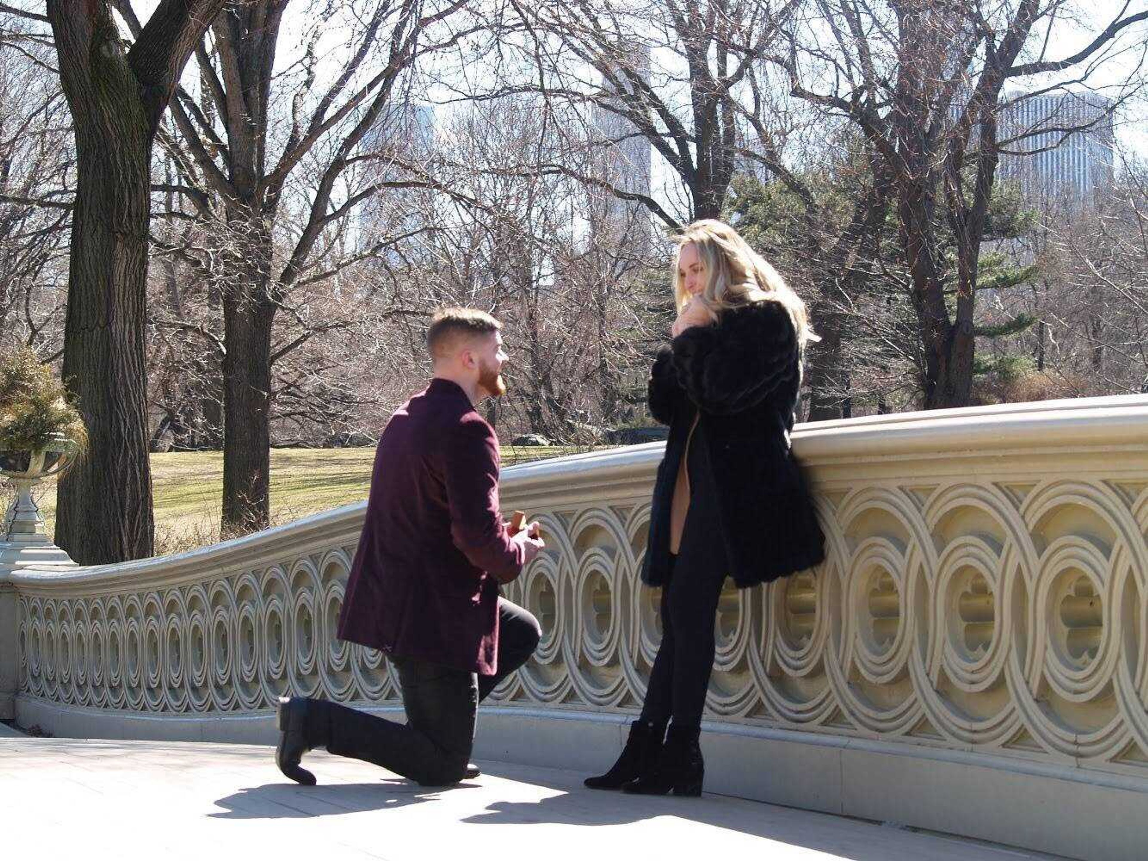 Collin Bentley proposes to Midori White on March 17, 2019 in New York City.