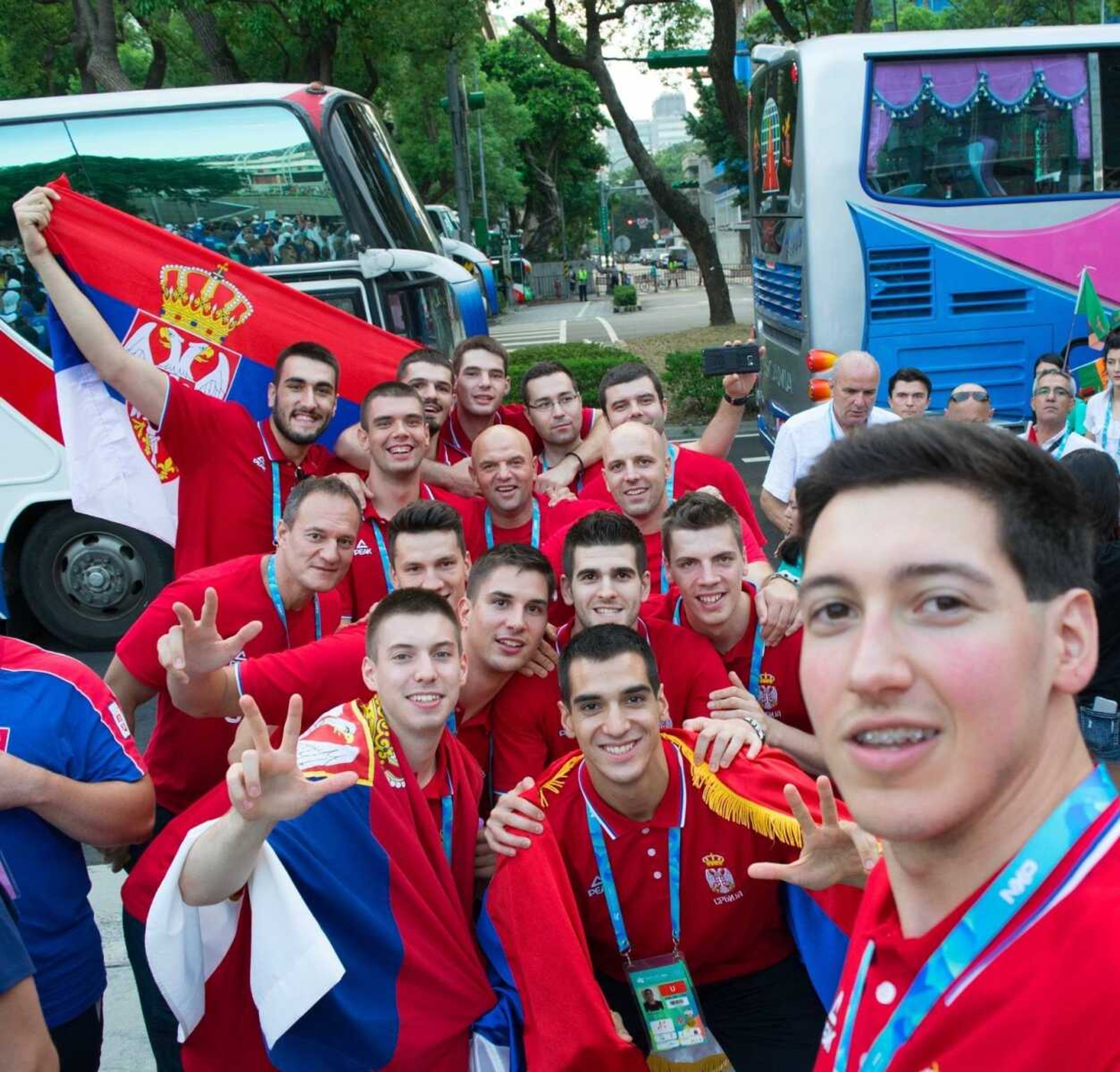Serbian National Team pose for a quick during a tour of the city. 
