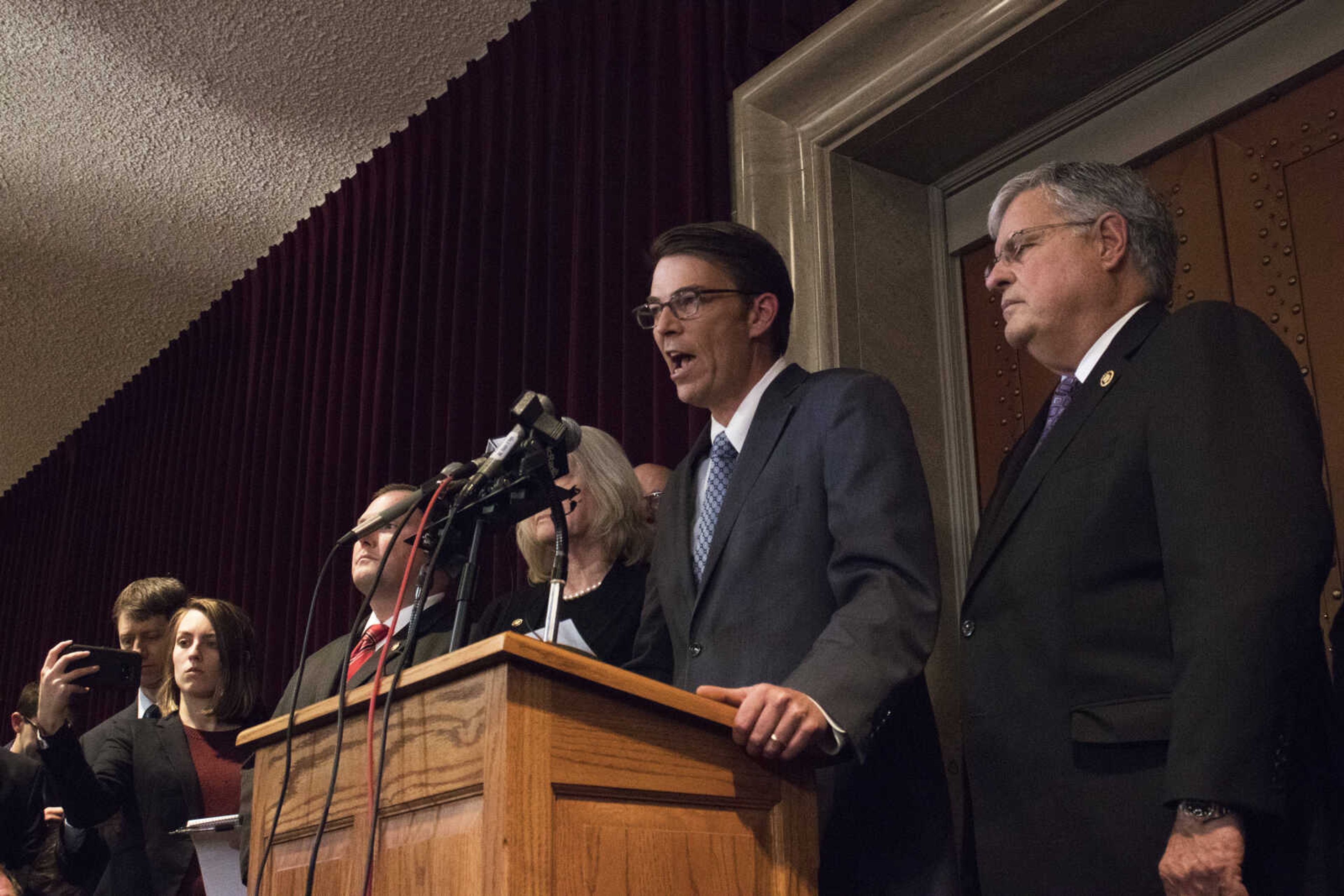Speaker of the House Todd Richardson and members of the Missouri House of Representatives Special Investigative Committee on Oversight speak at a press conference to address the Committee's report on the House Floor on April 11.