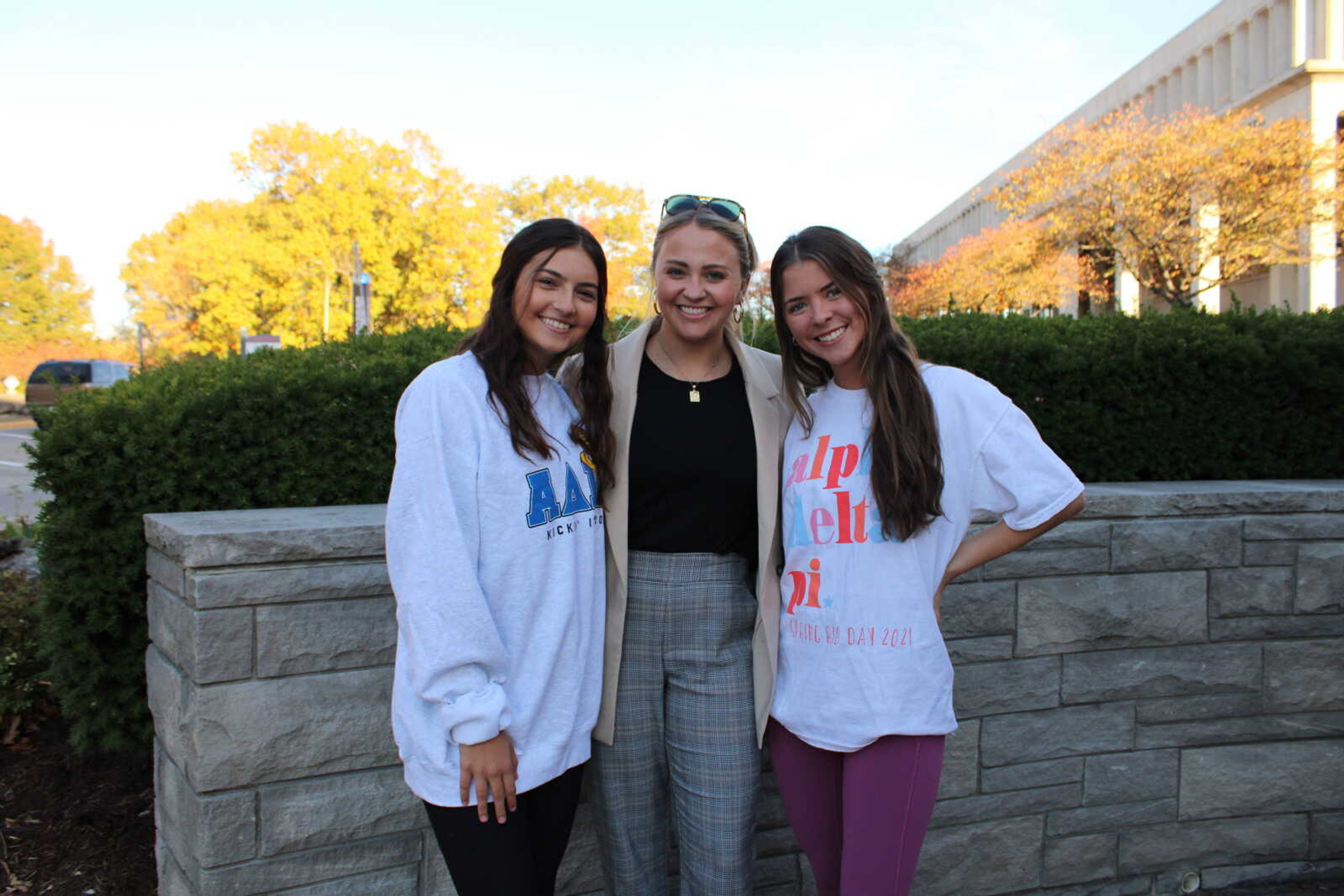 Alexia Deluce and Kelsey Steele are with Caroline Rahna the ADPI recruitment chair. Deluca and Steele are best friends that became sister during 2022 fall recruitment.
