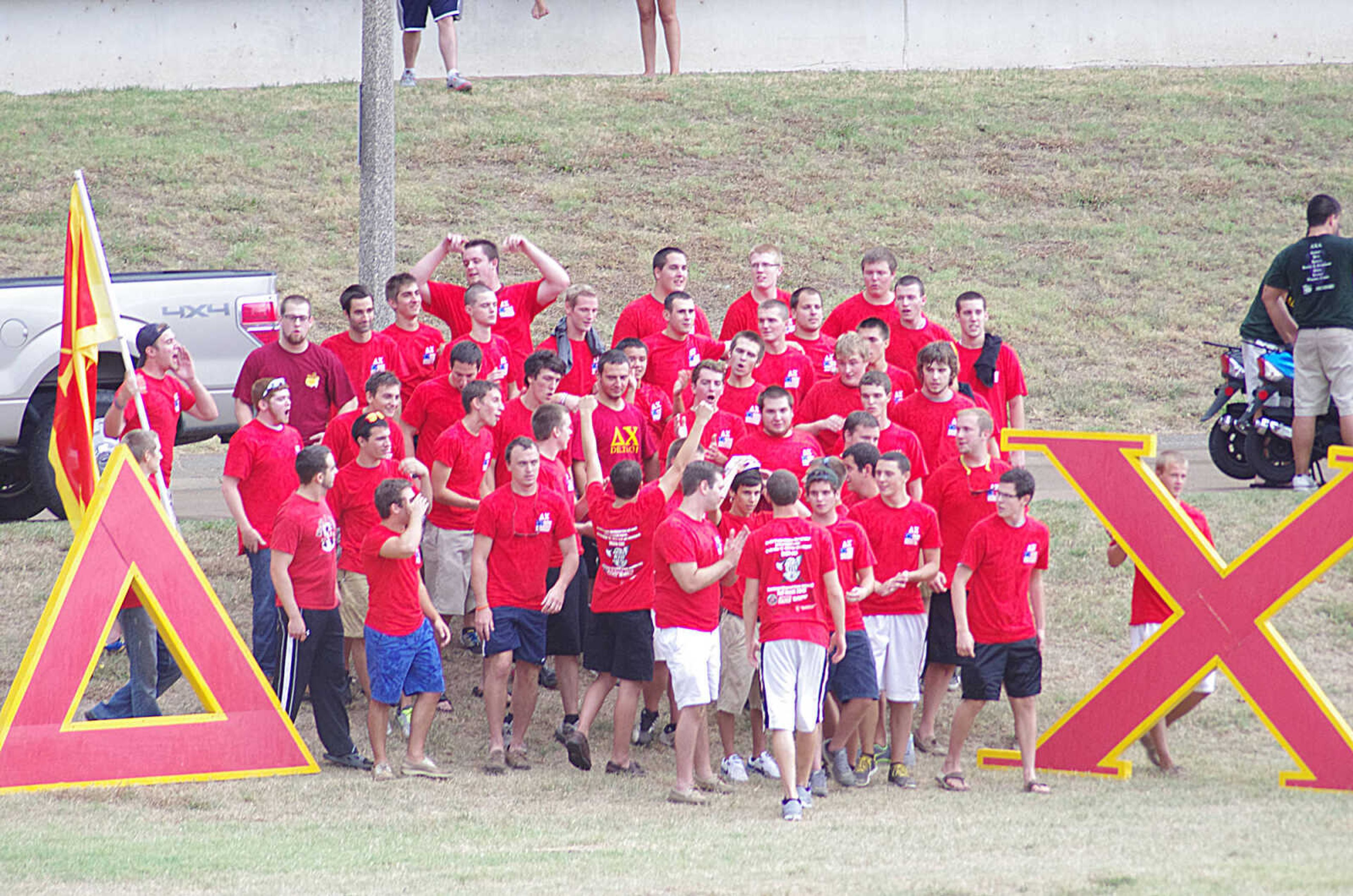 Active members of Delta Chi stand by their letters and celebrate at Bid Day as they wait for their new members to join them. Photo by Nathan Hamilton