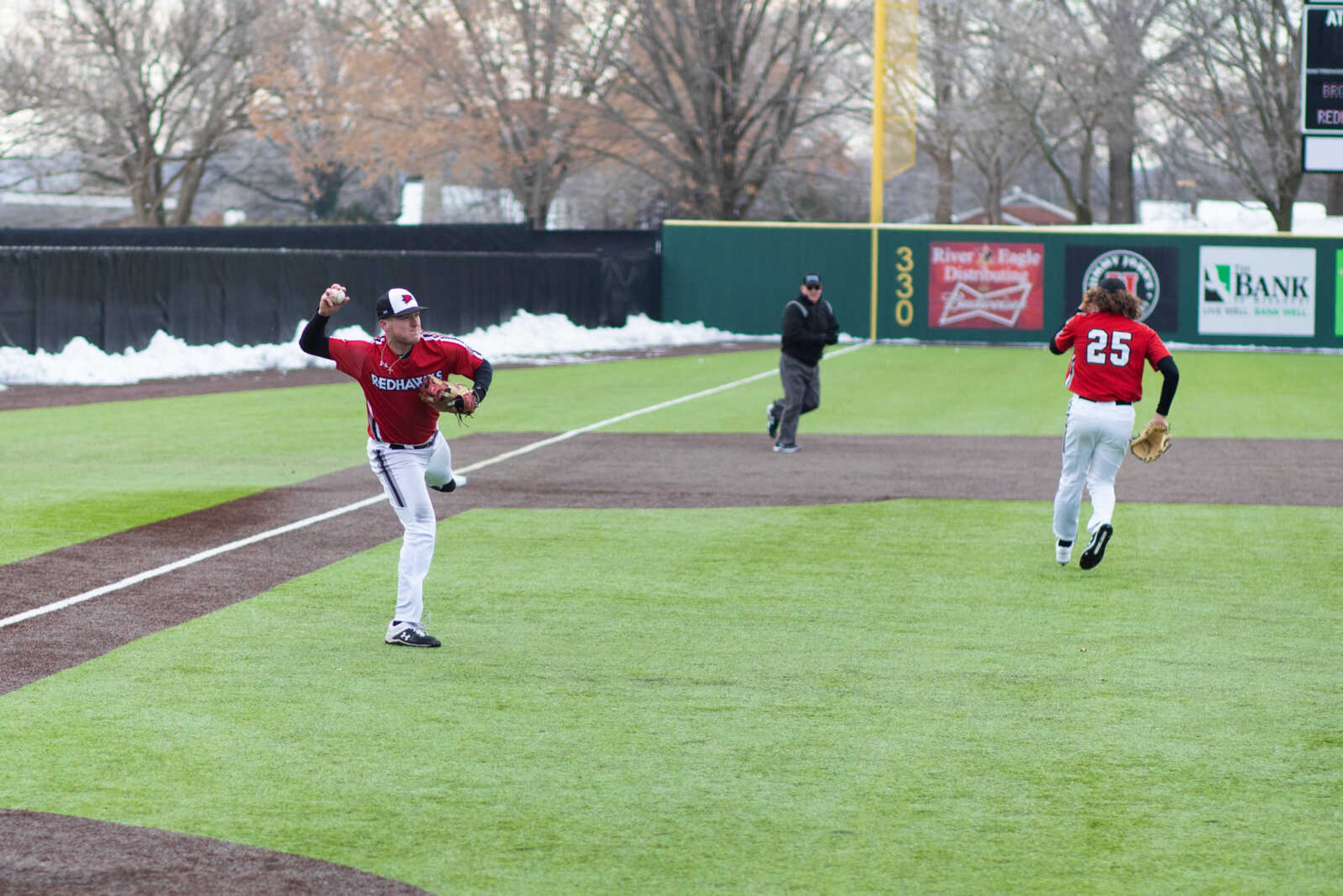 Senior third baseman Alex Nielsen throws across the infield to make an out against Western Michigan on Saturday, Feb. 16 at Capaha Field.