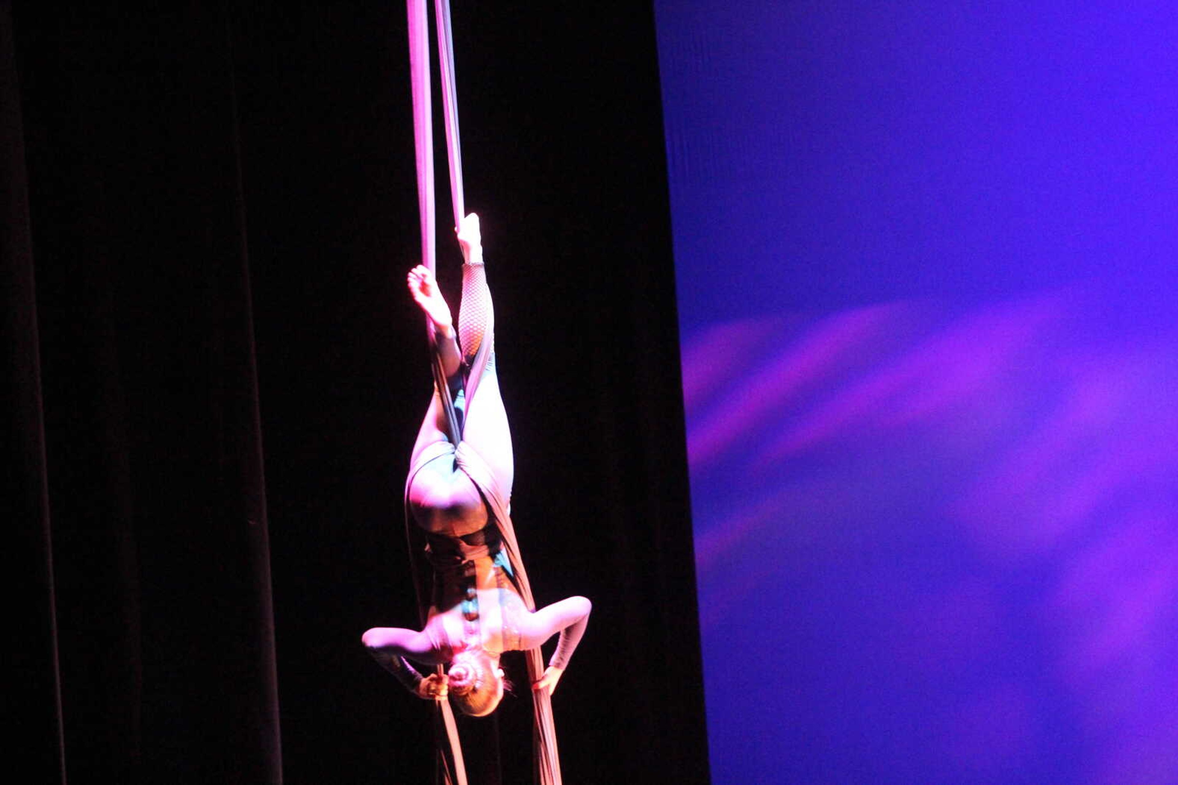 Southeast dance student performing an aerial routine "Pixel" during 'Spring into Dance' April 4 at Bedell Performance Hall.