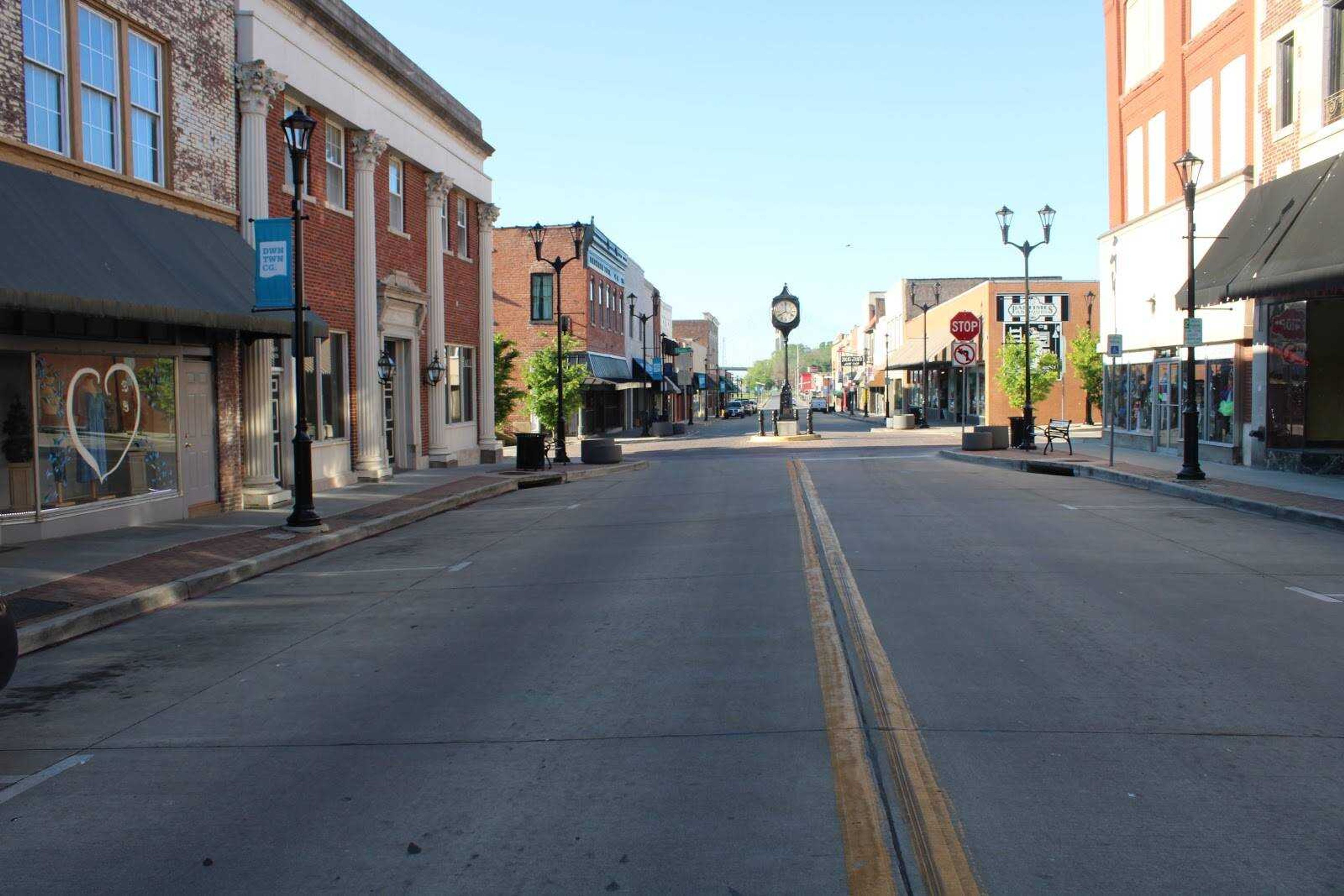 Main Street in Cape Girardeau appears vacant while stay-at-home orders are in place on Friday, April 24.