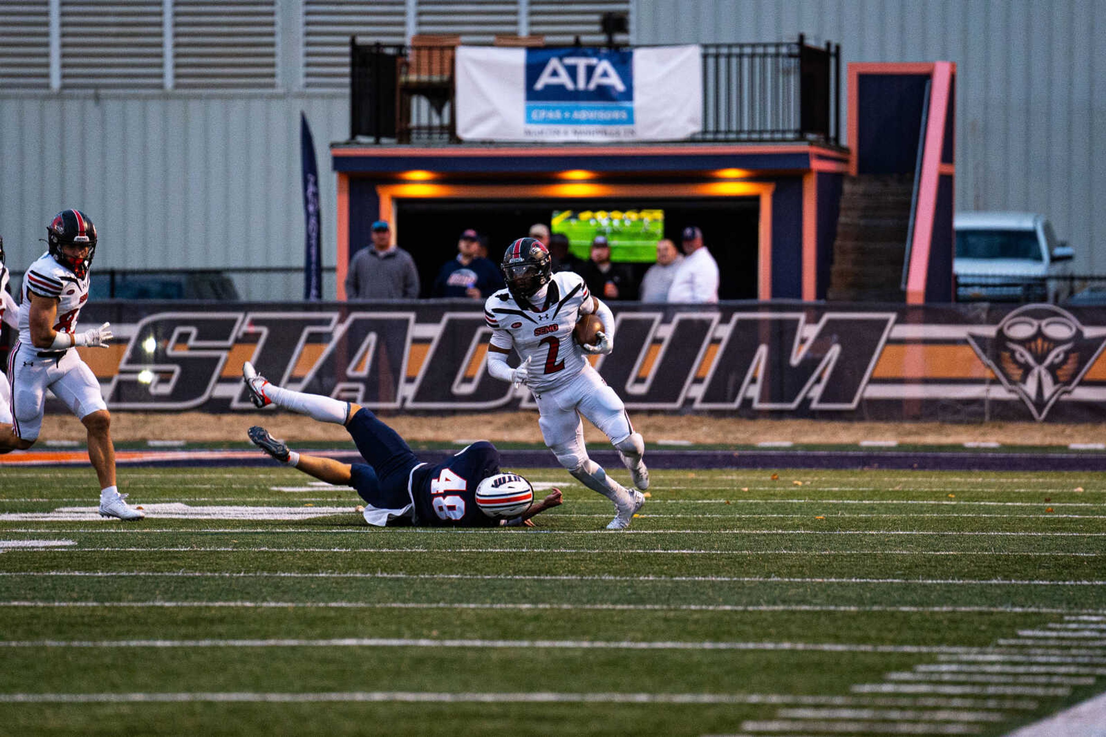 SEMO junior defensive back Joedrick Lewis (2) runs with the ball during SEMO's 41-14 loss at UT-Martin on Nov. 11. Lewis would get a pick-six on SEMO's opening defensive drive.