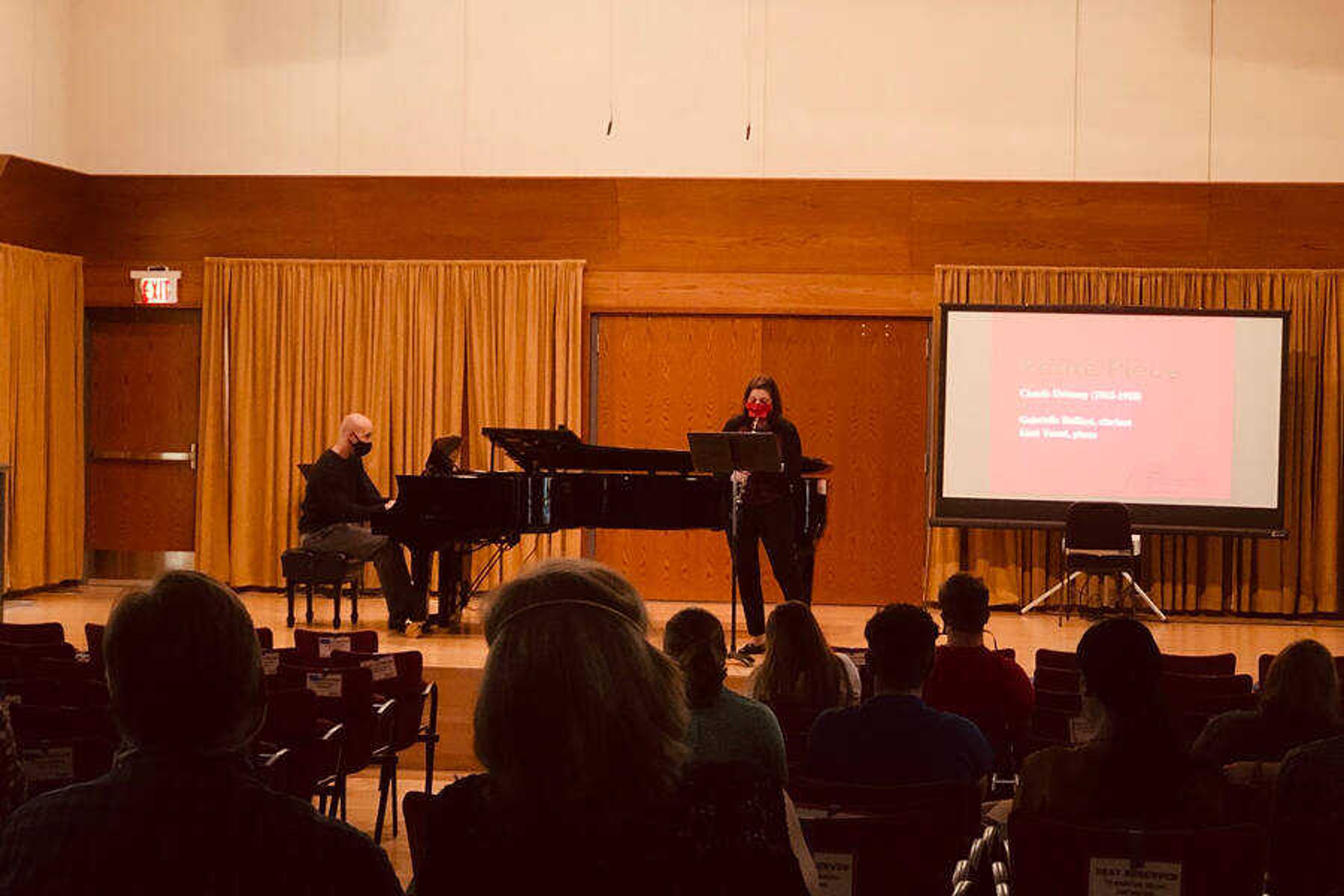 On Aug. 30, clarinet player Gabrielle Baffoni and piano instructor Matt Yount perform the song “Petite Piece” at the first Sundays at Three concert of the fall 2020 semester. Faculty members performed short pieces for the audience that incorporated the title of the series, “The Art of the Miniature.”